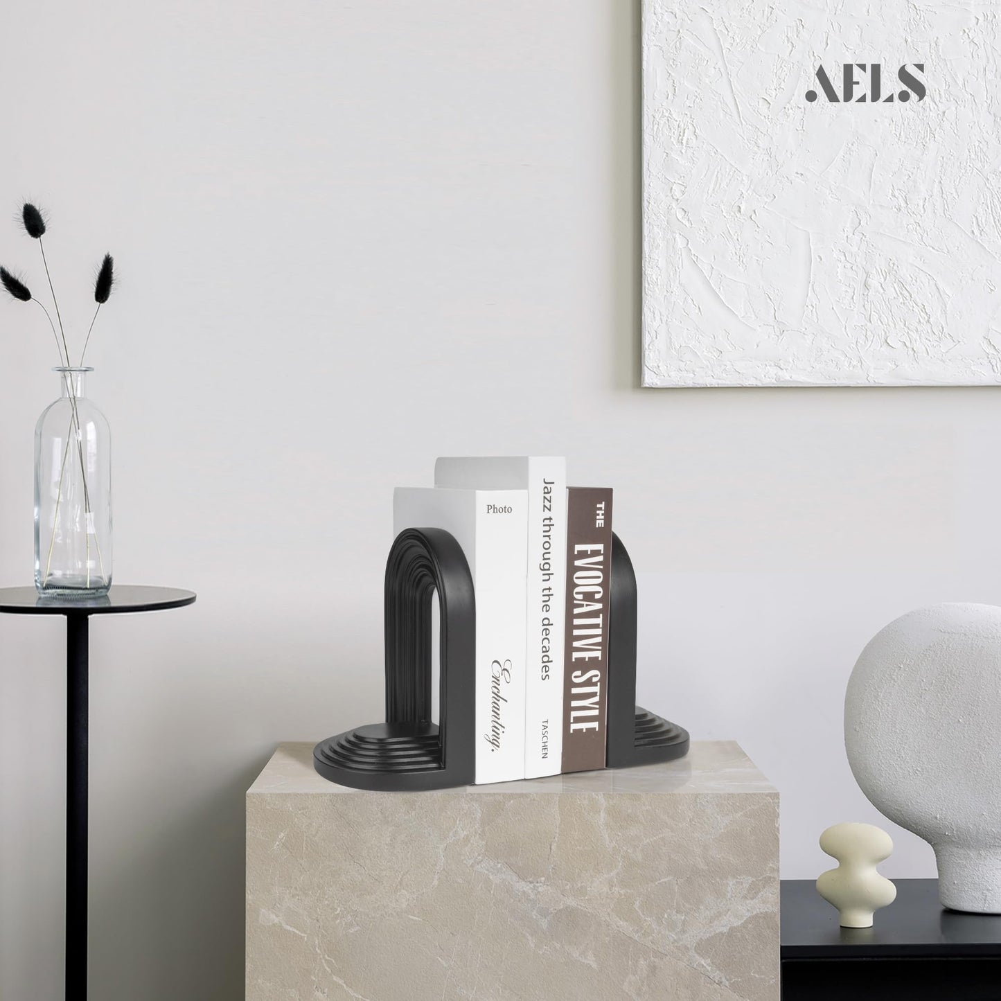 AELS Mordern Bookends, Mid Century Arch Heavy Duty Book Ends, Unique Decorative Bookend Supports for Shelves, Office Desktop Book Stand, Stopper for Books/Movies/CD, Cream