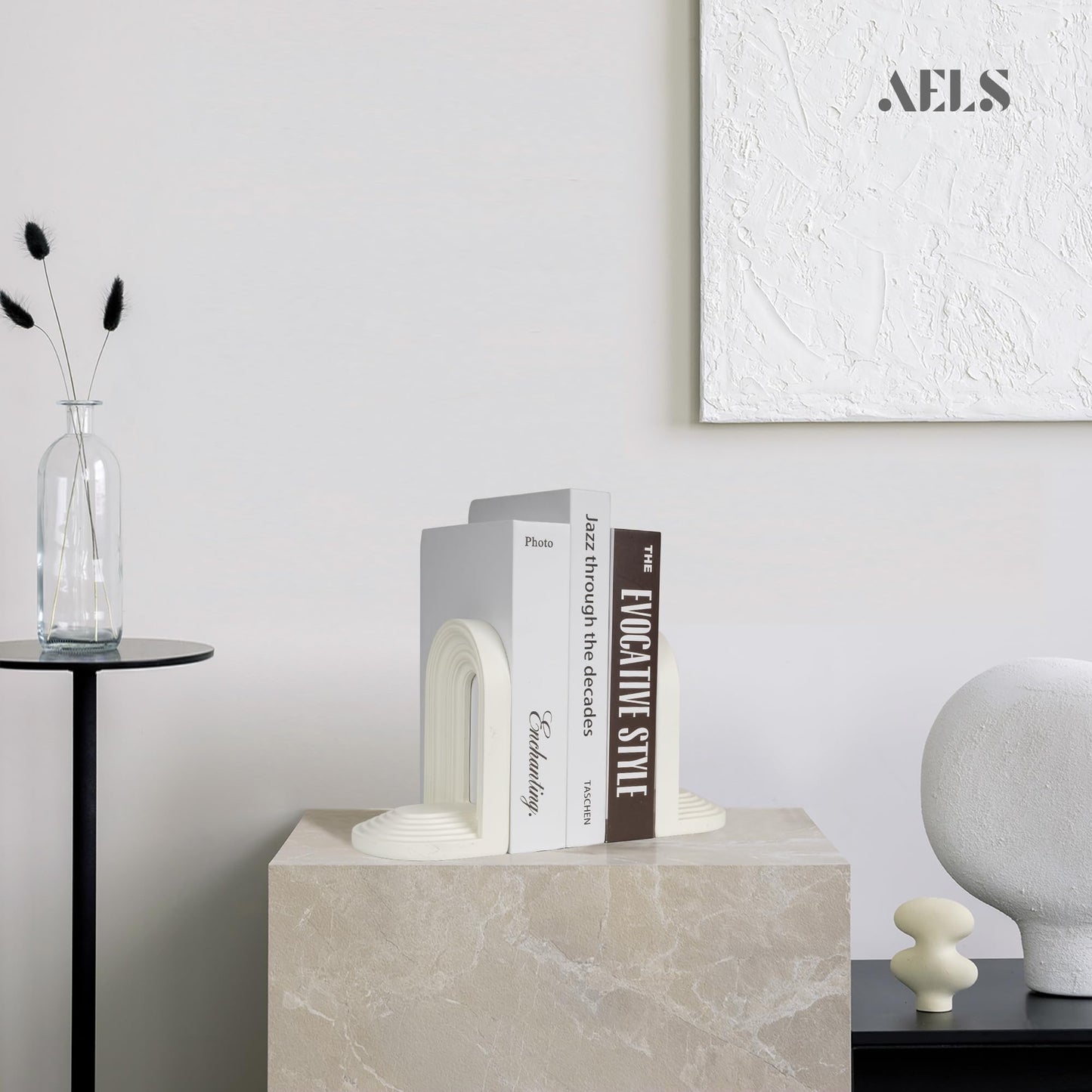 AELS Mordern Bookends, Mid Century Arch Heavy Duty Book Ends, Unique Decorative Bookend Supports for Shelves, Office Desktop Book Stand, Stopper for Books/Movies/CD, Cream