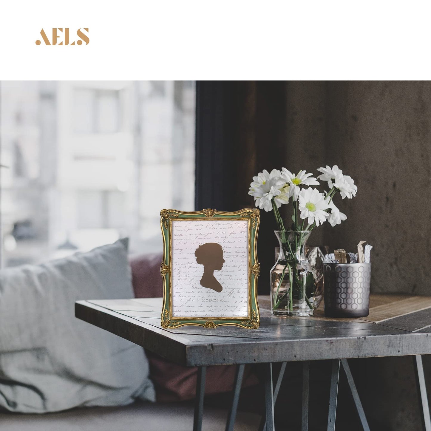 AELS 4x6 Inch Vintage Picture Frame, Elegant Antique Photo Frames with Glass Front, Photo Display, Tabletop Wall Hanging, Gift Ideas, Gold and Green
