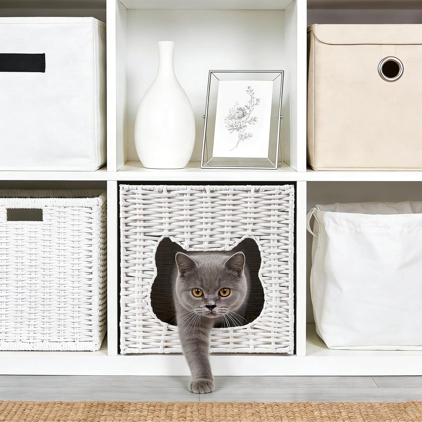 Handwoven Small Cat Bed Cave for IKEA Kallax Shelf, 13"x13"x15" Rattan Cat House for Indoor Cats Kittens and Small Pets with Removable Double-Sided Soft Cushion Pad, Pet Cube Hideaway Bed White