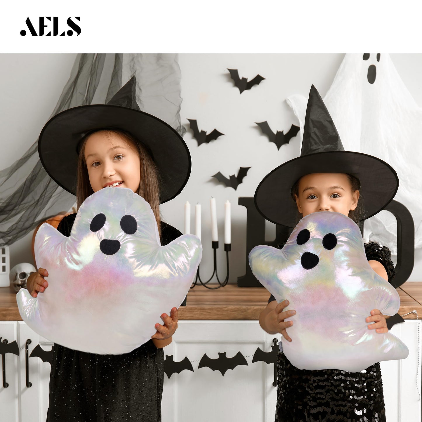 AELS 19.6" Iridescent Ghost Decorative Throw Pillow Set of 2, Ghost Shaped Throw Pillows, Halloween Decorations, Halloween Pillows for Holiday Party Home, Decor for Living Room Bedroom, Rainbow Silver