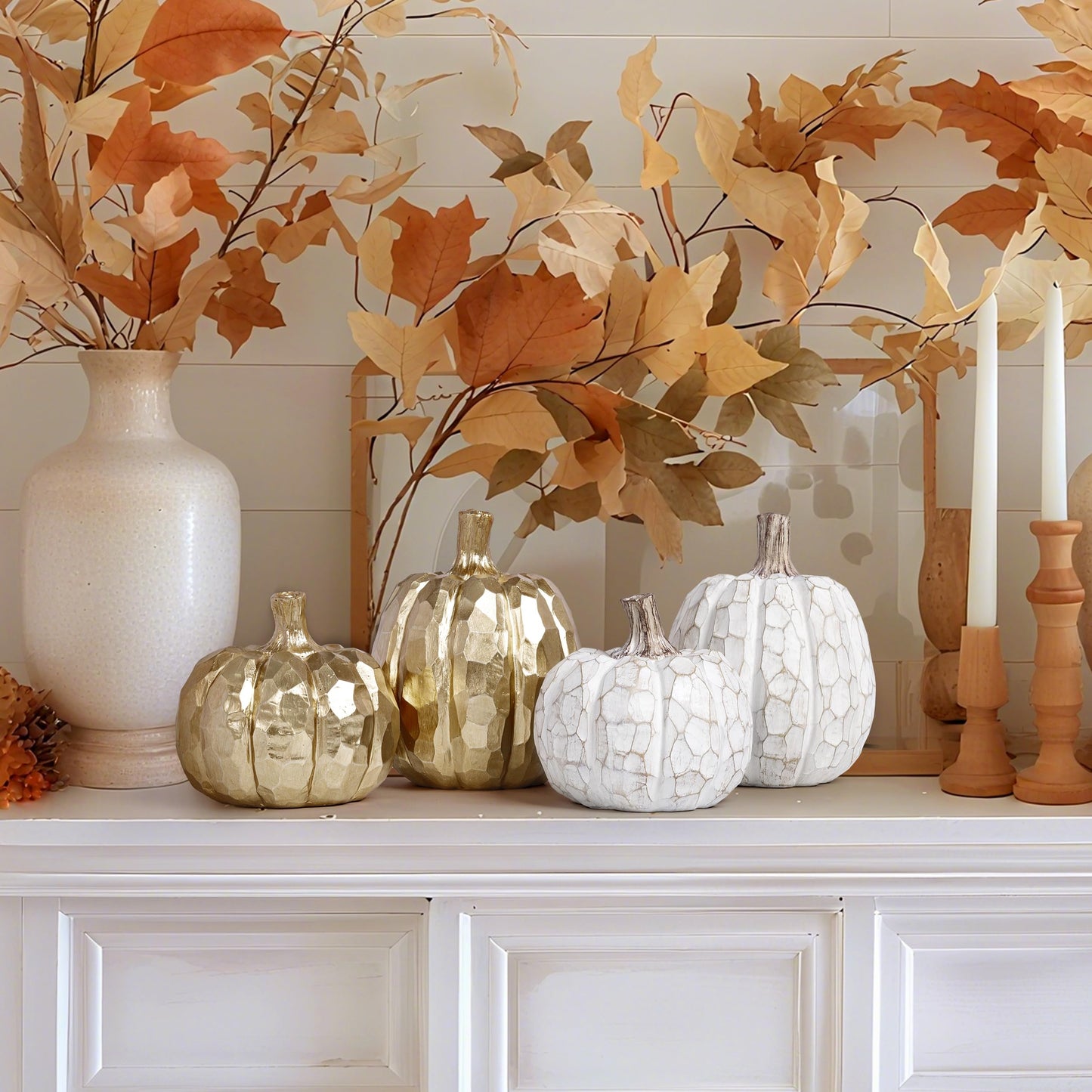 AELS 5.9" Tall Modern Farmhouse Pumpkins Fall Decor Indoor, Set of 2 Elegant Tabletop Decorations, Resin Artificial Pumpkins Decor for Fall Table Runner, Office, Holiday Party Home, White