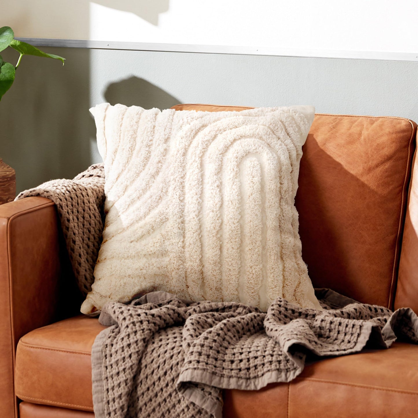 AELS Boho Decorative Textured Throw Pillow Covers 20x20, Set of 2, Modern Abstract Mid Century Rainbow Tufted Pillow Case, Farmhouse Rustic Neutral Woven Cushion Case for Bed Couch Sofa, Creamy White