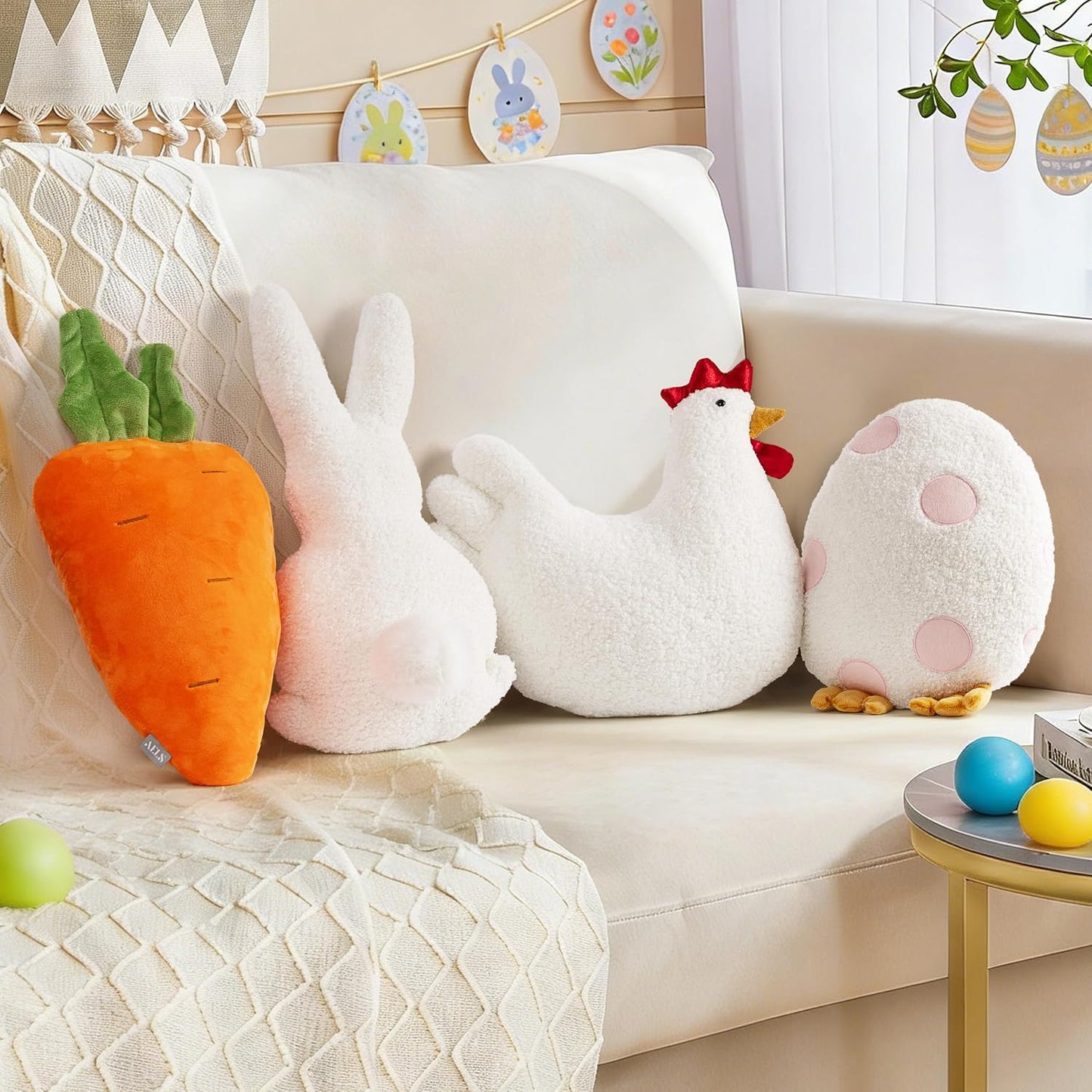 AELS Easter Egg & Bunny Throw Pillows, Set of 2, Cute Bunny and Egg-Shaped Decorative Pillows, Easter Holiday Decor for Sofa Couch Living Room Bedroom Nursery, White