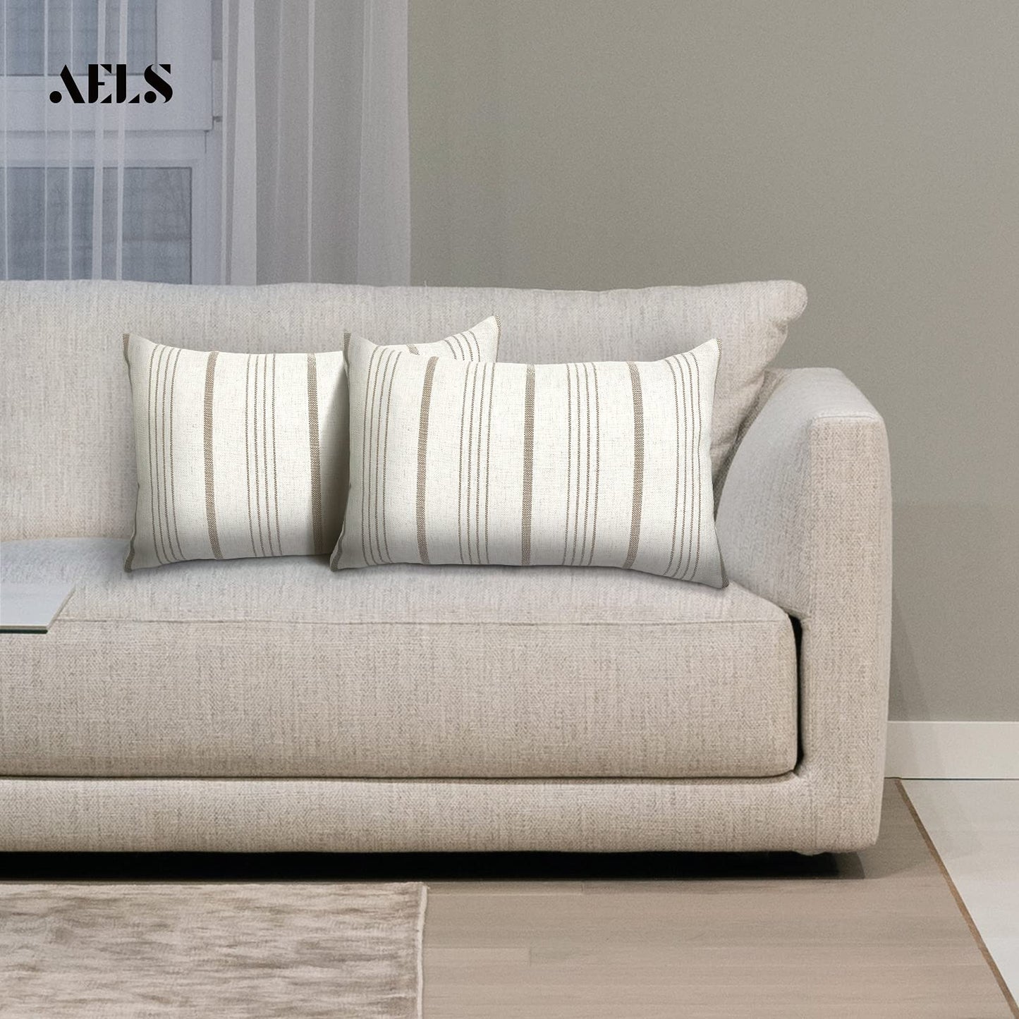 AELS 12x20 Decorative Farmhouse Throw Lumbar Pillow Covers, Modern Rectangle Pillow Case Cover, Set of 2 Light Brown Stripes Textured Linen Cushion Cover for Sofa Couch Bedroom Living Room(Cover ONLY)