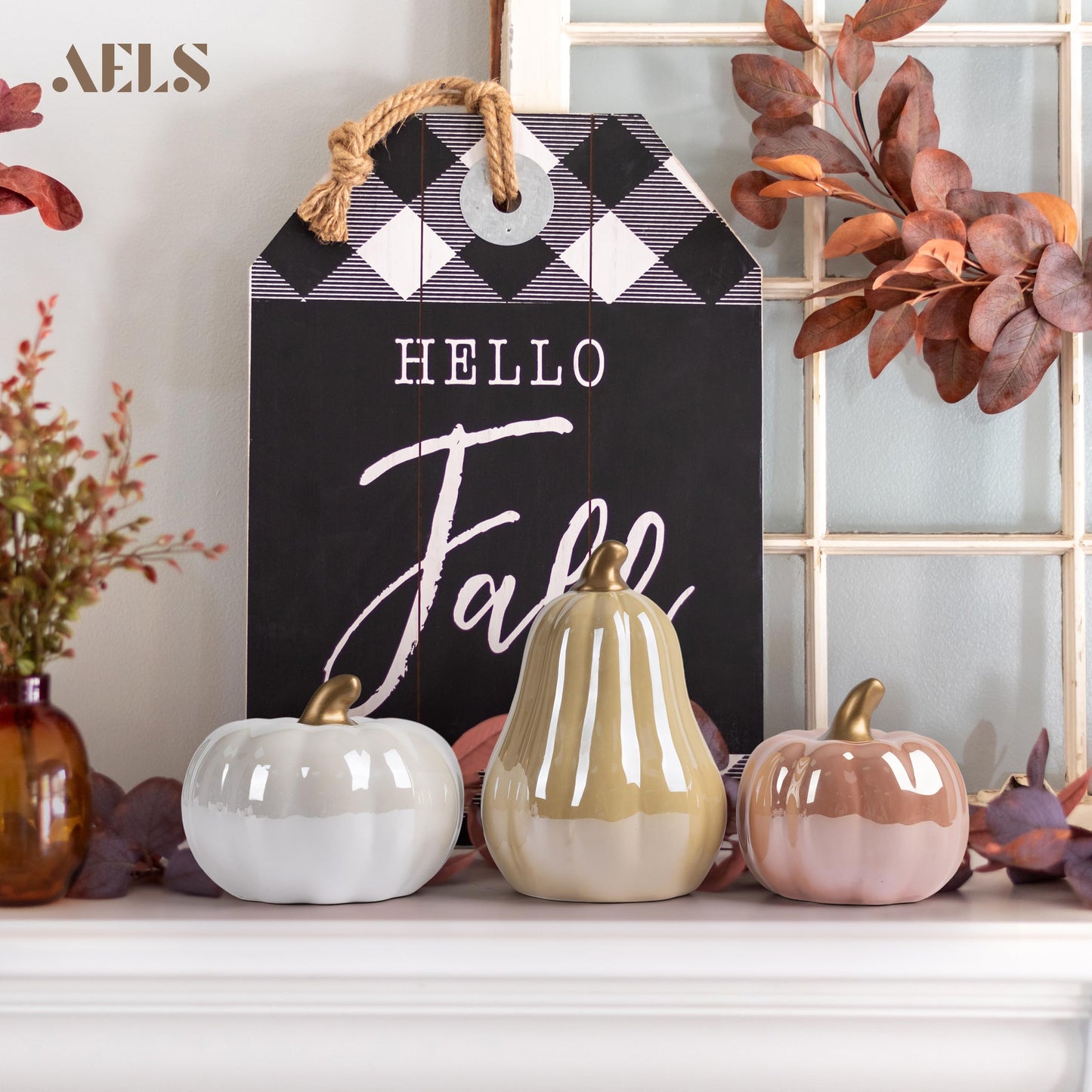 AELS 5.9" Tall Modern Farmhouse Pumpkins Fall Decor Indoor, Set of 2 Elegant Tabletop Decorations, Resin Artificial Pumpkins Decor for Fall Table Runner, Office, Holiday Party Home, White