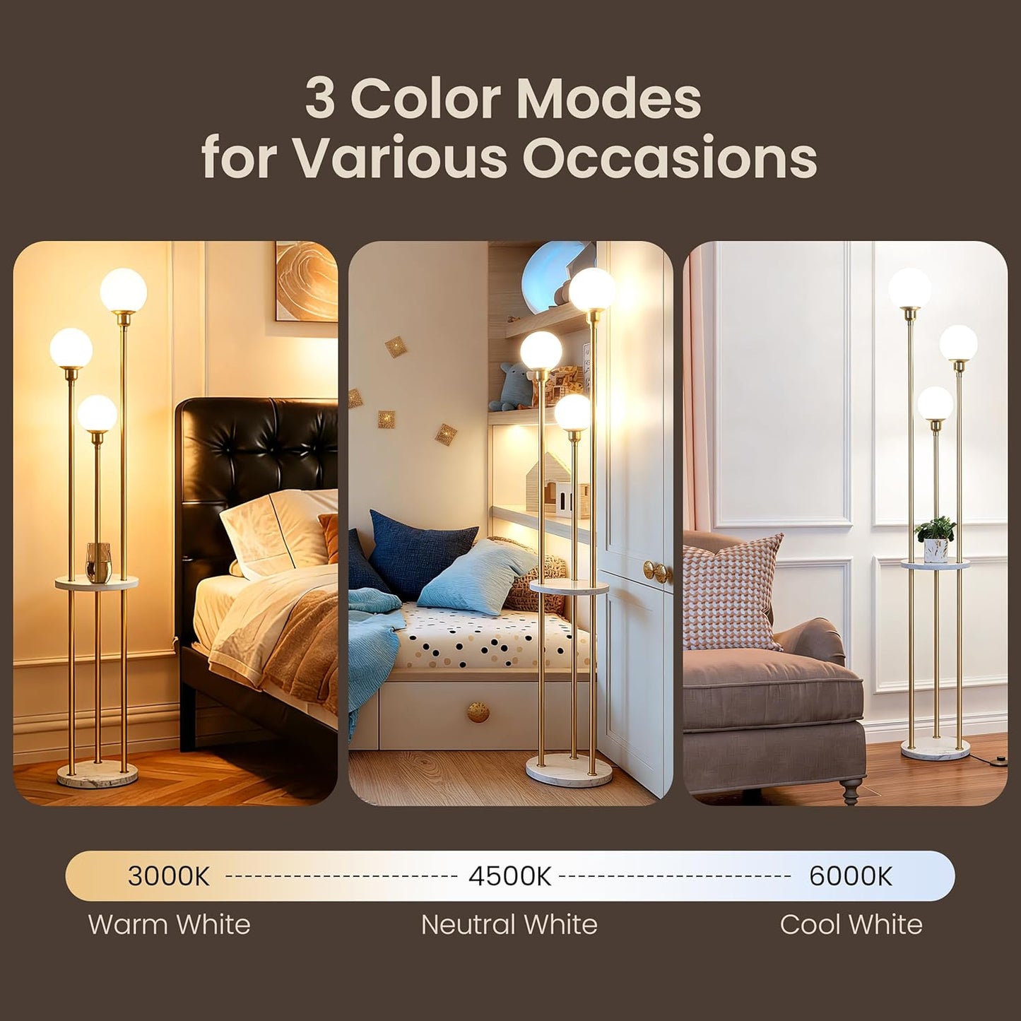 AELS 66" Tall 3 Globe Gold Floor Lamp with Shelves, Mid Century Modern Floor Lamp with Table, Tall Lamp for Living Room Corner Shelf Lamp, Standing 3 Light Lamp for Bedroom with Foot Switch & Blubs