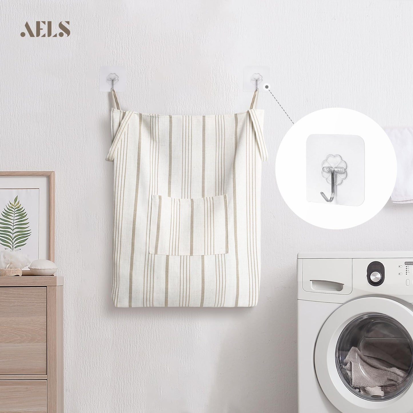 Farmhouse Hanging Laundry Hamper with 2 Hooks, Washable Beige & Stripes Laundry Bag with Zipper & Wide Open Top, Over the Door Organizer for Dirty Clothes, Space Saving Storage