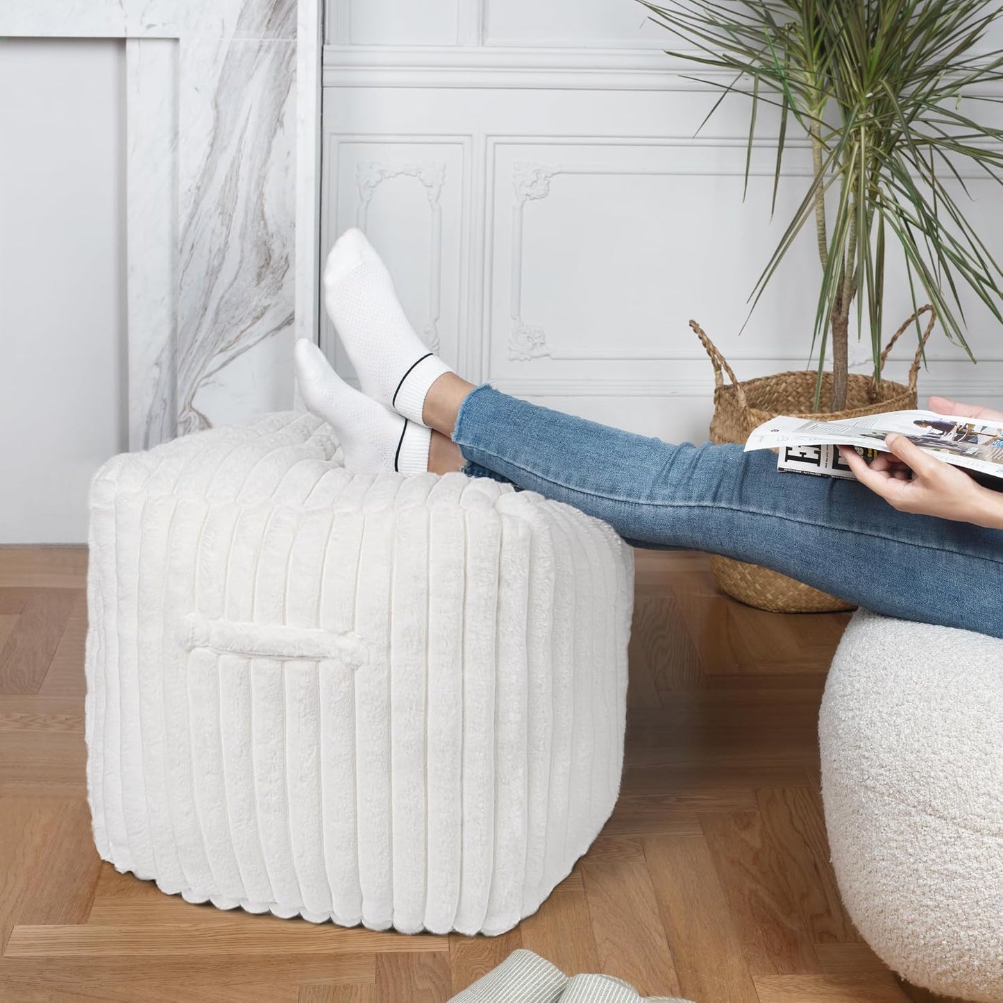 Unstuffed Modern Pouf Cover for Living Room, Mid Century Modern Storage Bean Bag Cubes, Creamy White Faux Fur Plush Sripe Square Ottoman Pouf Foot Rest Footstool, 18"x18"x18", Cover ONLY