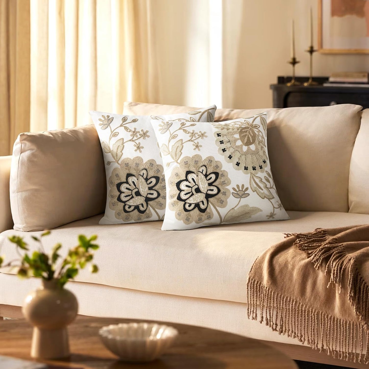AELS Embroidered Throw Pillow Covers 18"x18" Set of 2, Chic Modern Farmhouse Floral Cotton Cushion Covers for Couch, Sofa, Bed, and Living Room Decor, Sand Bloom