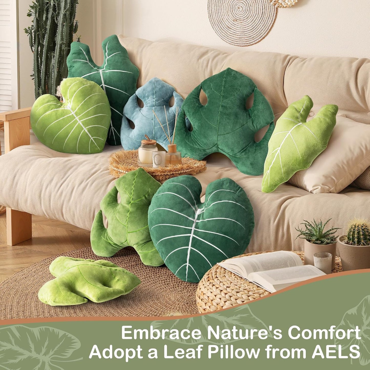 AELS Set of 2 3D Leaves Decorative Throw Pillows, 19"& 15" Philodendron Gloriosum Plush Pillow Set for Plant Lovers Garden Lovers, Living Room Bedroom Nursery Decor, Light Green & Dark Green