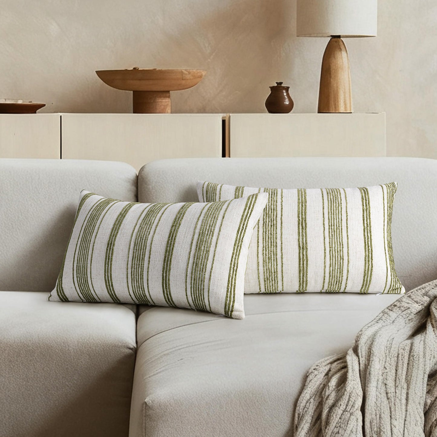 AELS 12x20 Decorative Farmhouse Linen Lumbar Pillow Covers, Beige with Olive Green Chenille Striped Pillow Case, Set of 2, Boho Textured Cushion Cover for Sofa Couch Living Room (Cover ONLY)
