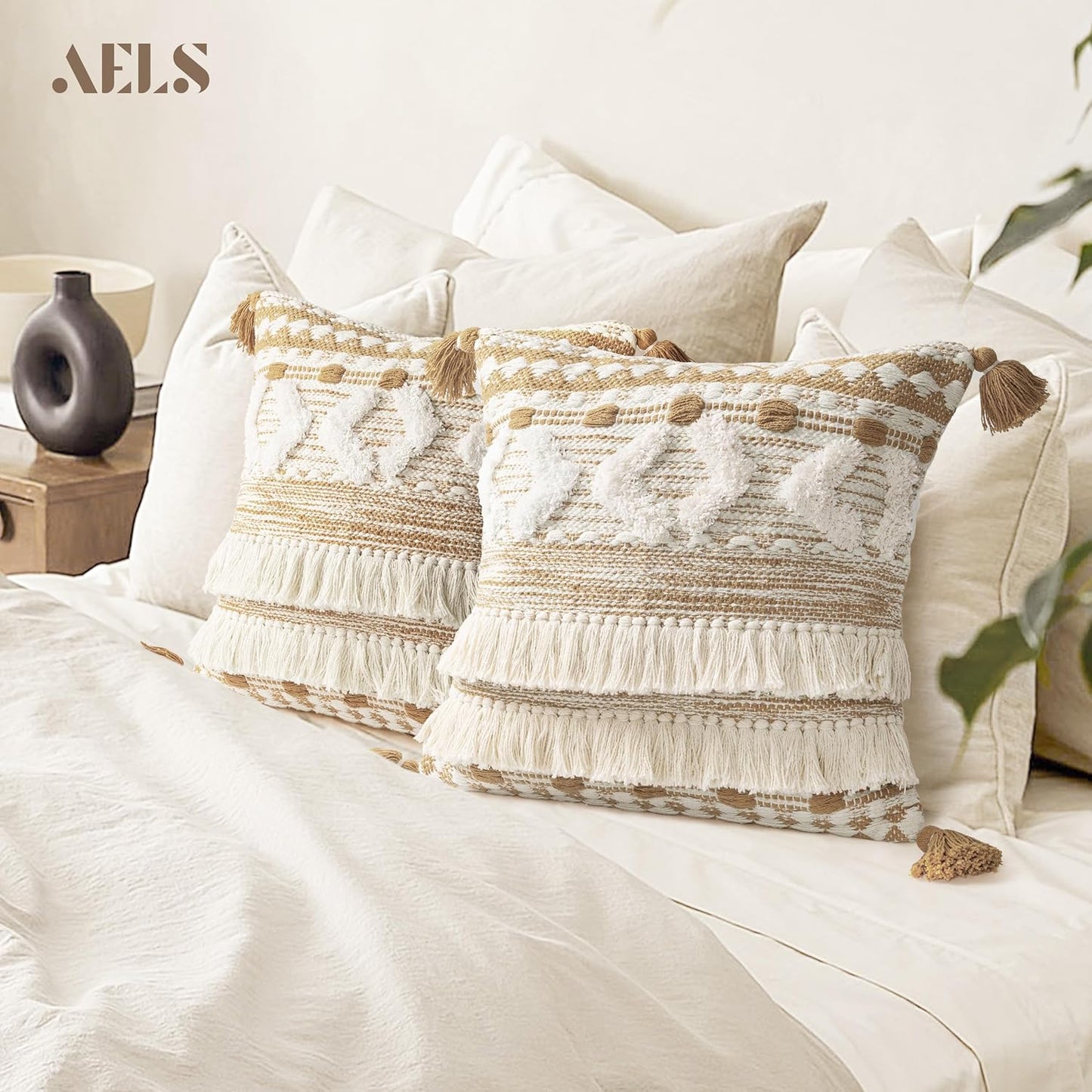 AELS Boho Decorative Throw Pillow Covers with Fringes and Tassels 18x18, Set of 2, Mid Century Tufted Accent Pillow Case, Woven Textured Modern Farmhouse Neutral Cushion Case for Bed Couch Sofa, Beige