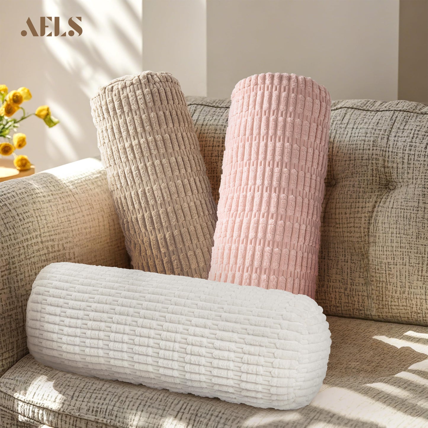 AELS Faux Fur Striped Cylinder Pillows Set of 2, 8" x 24" Decorative Modern Bolster Pillows with Removable Washable Cover & Insert, Body Pillow for Couch Bed, Living Room Bedroom Nursery Decor, White