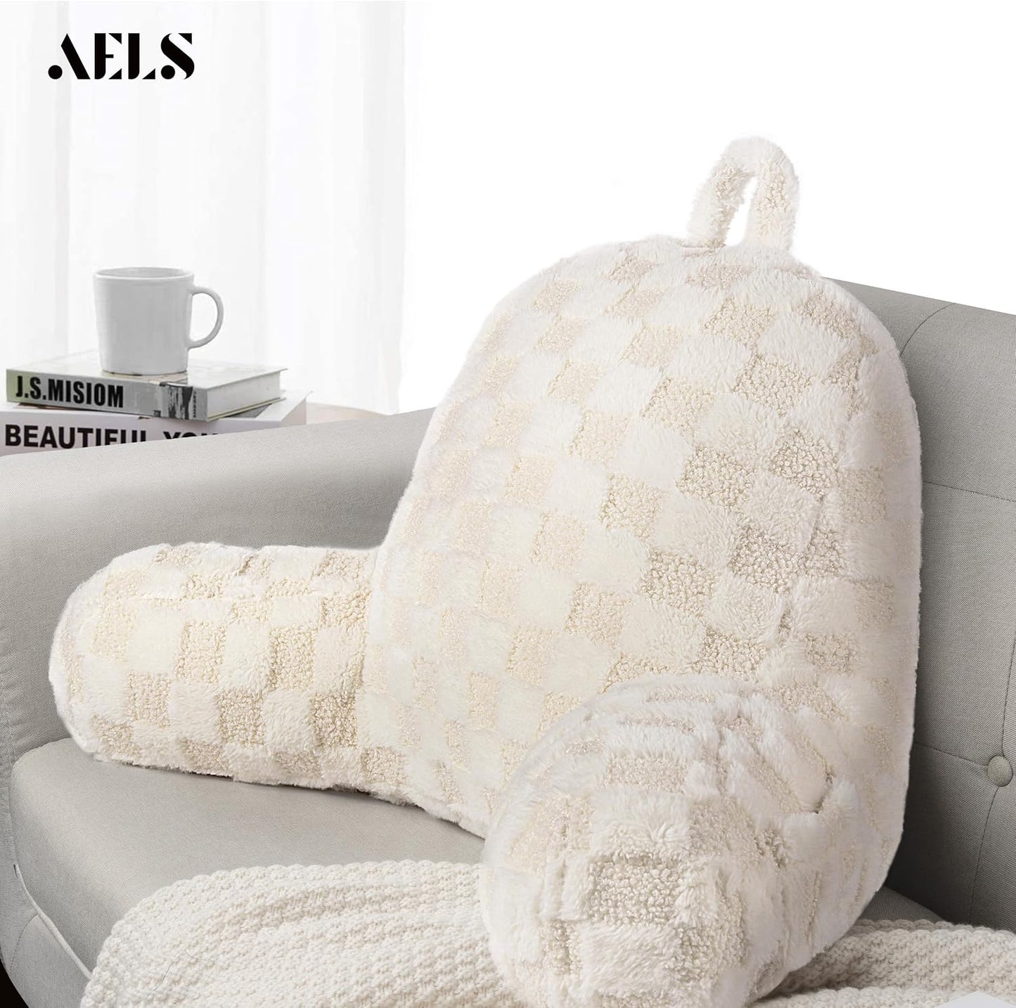 Large Reading Pillow Replacement Cover with Arms and Pockets (Cover ONLY), 18" Soft Faux Fur Checkered Backrest Pillow Cover Fits Standard Size Reading Pillows, Beige