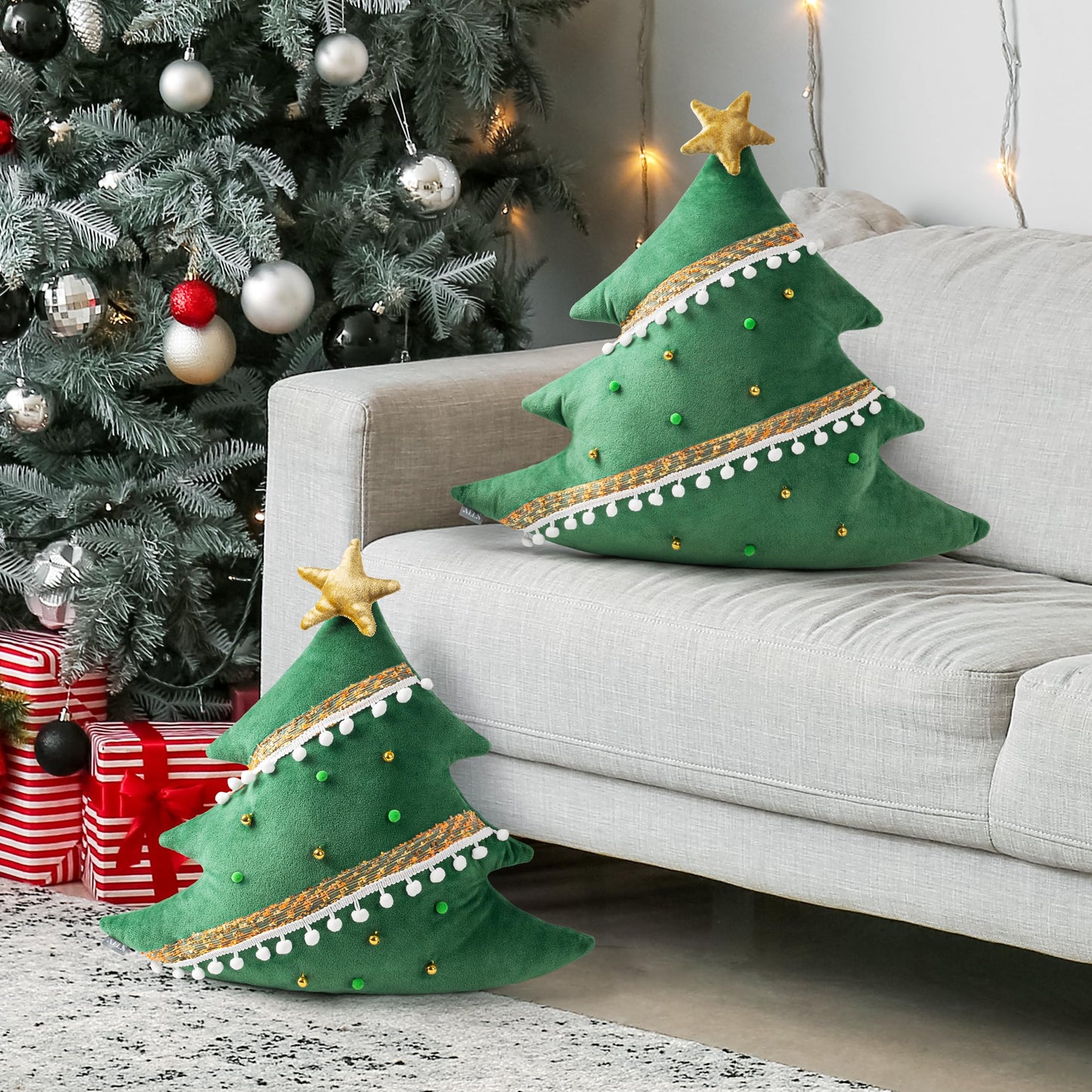 AELS Christmas Tree Decorative Throw Pillow with Golden Bell and Pompom, 20 Inch Holiday Throw Pillows for Christmas Decor, Plush Tree Shaped Decorative Pillows for Living Room Bedroom Sofa