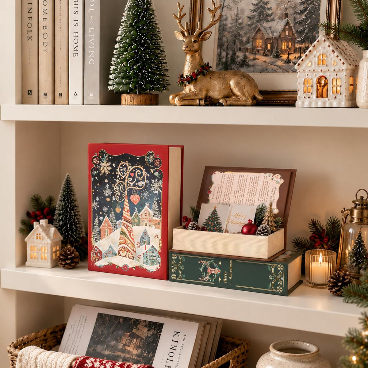 AELS 3 Pcs Christmas Decorative Books for Home Decor with Hidden Storage, Stackable Faux Book Boxes for Coffee Table Bookshelf, Hardcover Classic Xmas Mantel & Shelf Decor (8", 7", 6")