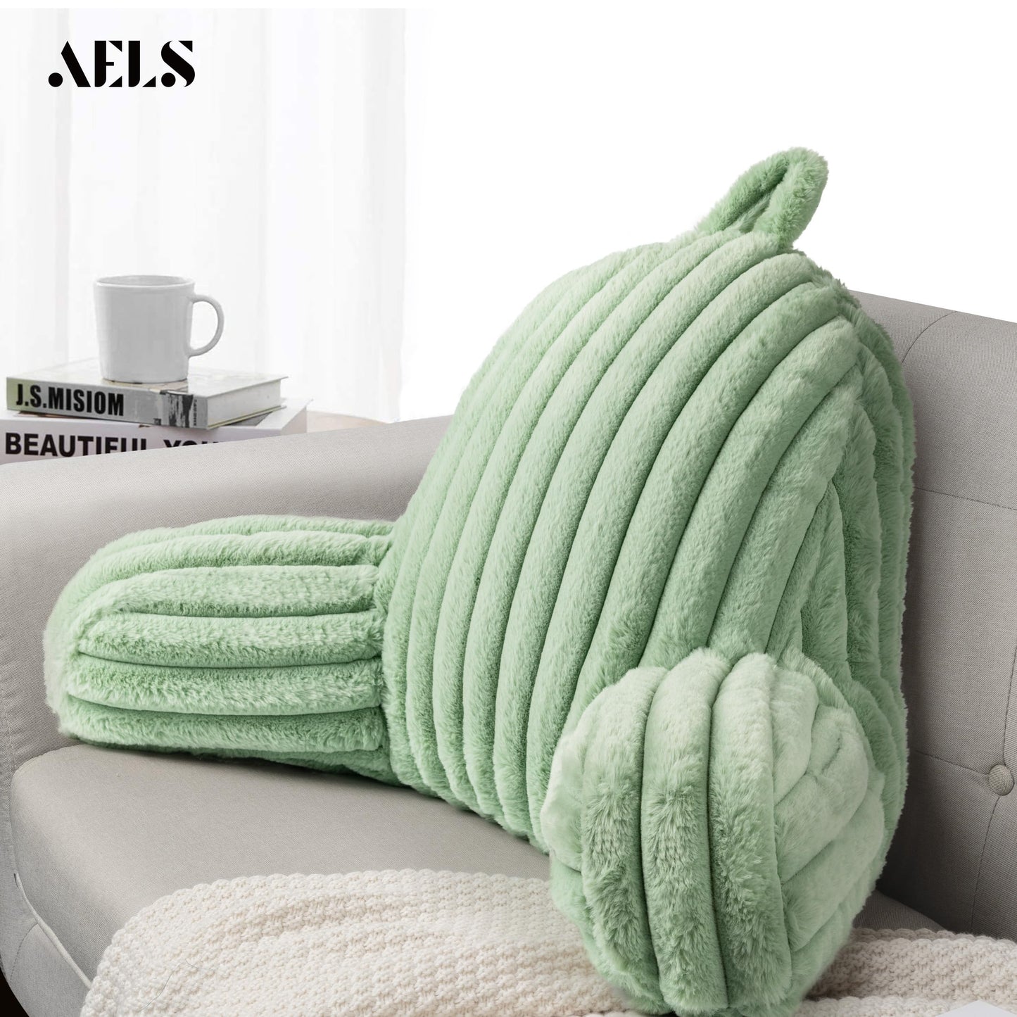 Large Reading Pillow Replacement Cover with Arms and Pockets (Cover ONLY), 18" Soft Faux Fur Striped Backrest Pillow Cover Fits Standard Size Reading Pillows, Cream White