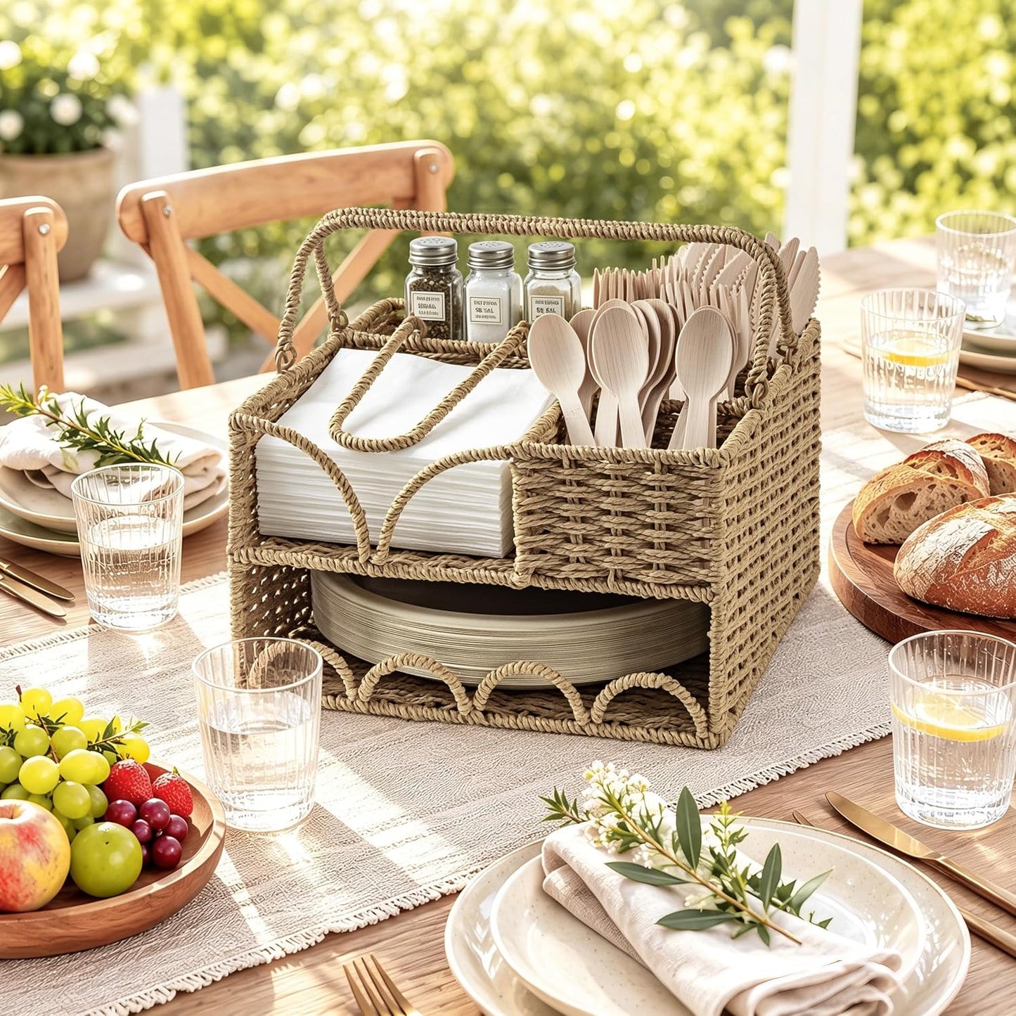Woven Rattan Utensil Caddy with Handle, Silverware Holder for Napkins, Cutlery, Condiments & Picnic Supplies, Multipurpose Flatware Organizer for Kitchen, Dining, Buffet, BBQ & Party