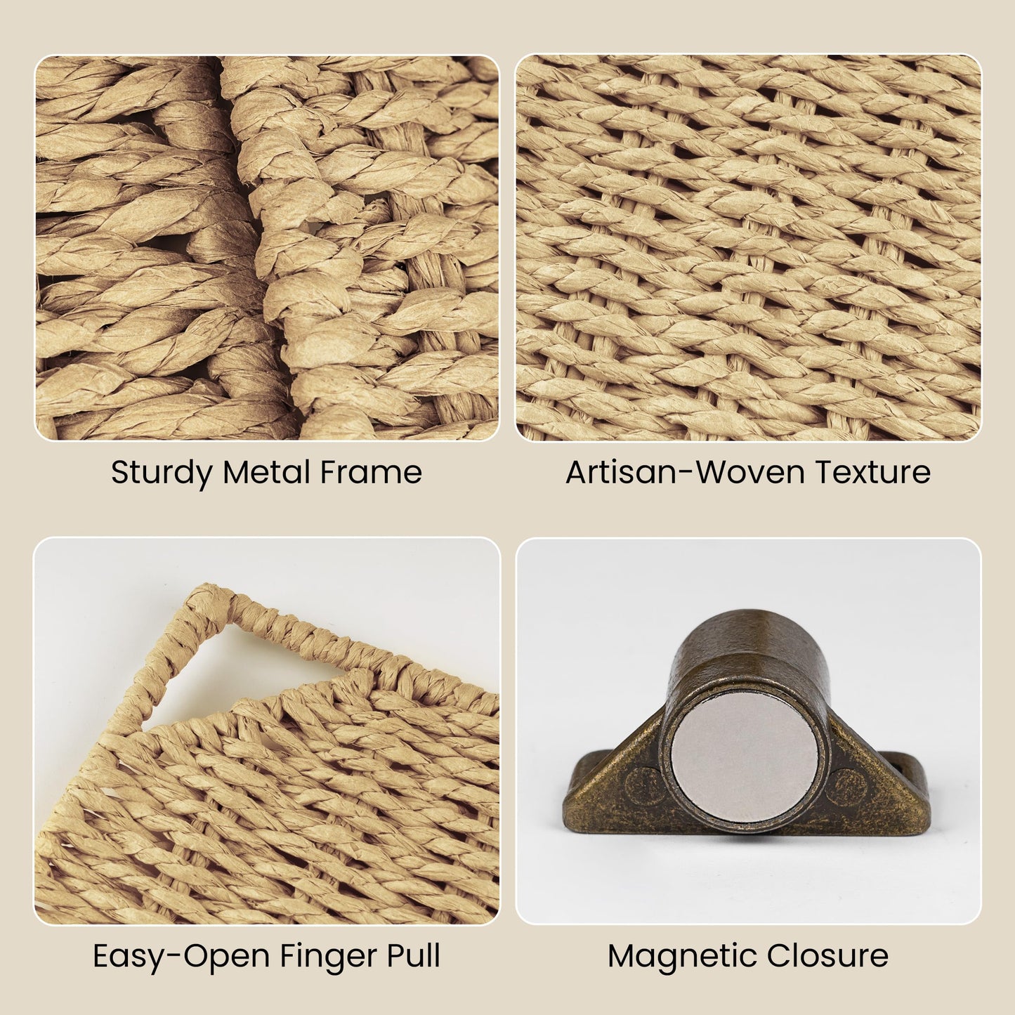 11" Handwoven Natural Fibre Doors for Cube Storage Shelf, Set of 3, Boho Straw Shelf Cover for Small Bookcase & Open Bookshelf, Rustic Farmhouse Home Decor, Beige (Door ONLY)