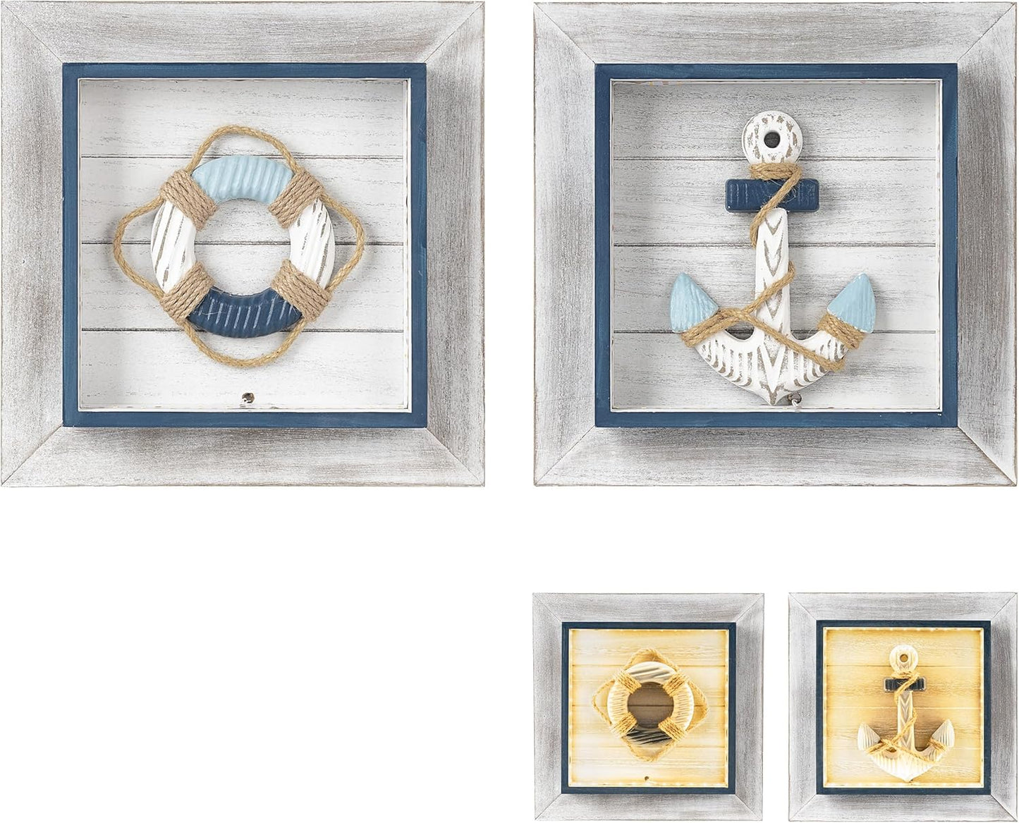 AELS 11.4" Large Wooden 3D Ocean Theme Wall Art Decor with LED Light, Rustic Nautical Wall Decor Framed Set of 2, Farmhouse Coastal Wall Art Sculpture, Shabby Chic Home Decor, Anchor & Life Ring