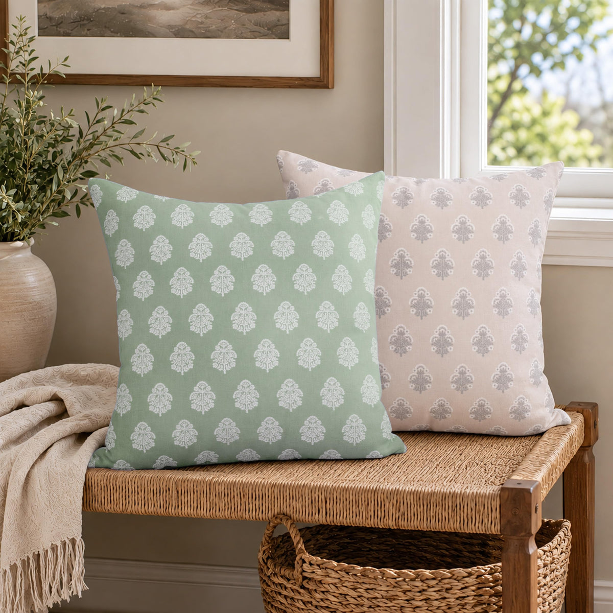 AELS 18x18 Decorative Farmhouse Throw Pillow Covers, Boho Floral Block Print Pillow Covers, Set of 2, Slate Blue Botanical Cushion Covers for Sofa Couch Bed Living Room Bedroom, Cover Only