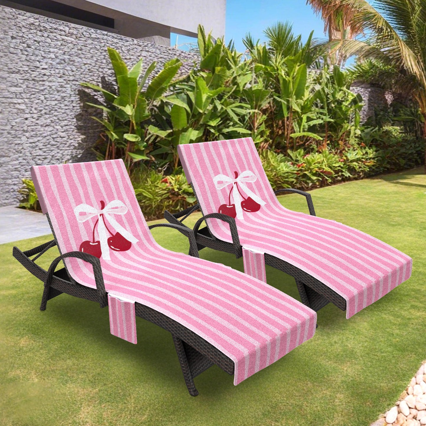 Lounge Chair Towel Cover, Pack of 2 - Microfiber Beach Towels with Pockets, Fits Outdoor Garden Beach Hotel Pool Chairs, Non-Slip & Portable Design, 85" X 30", Ombre Blue Stripes