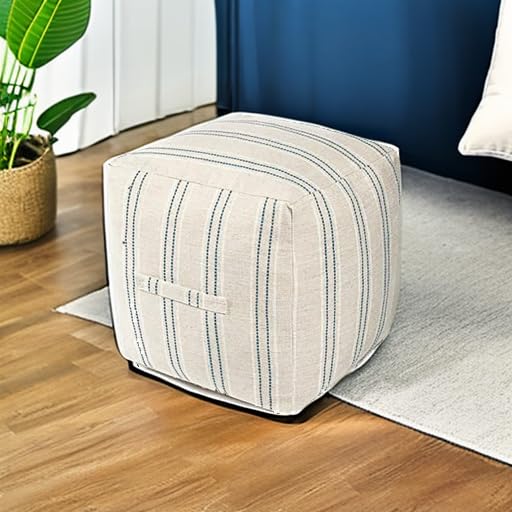 AELS Unstuffed Farmhouse Pouf Cover for Living Room, Boho Storage Bean Bag Cubes, Beige with Brown Stitch Yarn Dyed Stripe Square Ottoman Pouf Foot Rest Footstool, 18"x18"x18", Cover ONLY