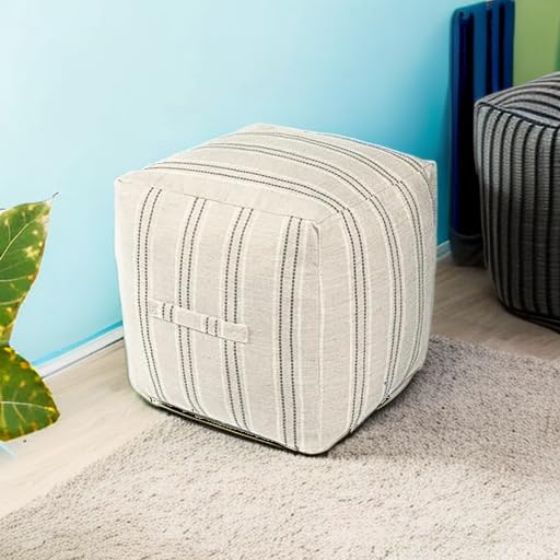 AELS Unstuffed Farmhouse Pouf Cover for Living Room, Boho Storage Bean Bag Cubes, Beige with Brown Stitch Yarn Dyed Stripe Square Ottoman Pouf Foot Rest Footstool, 18"x18"x18", Cover ONLY