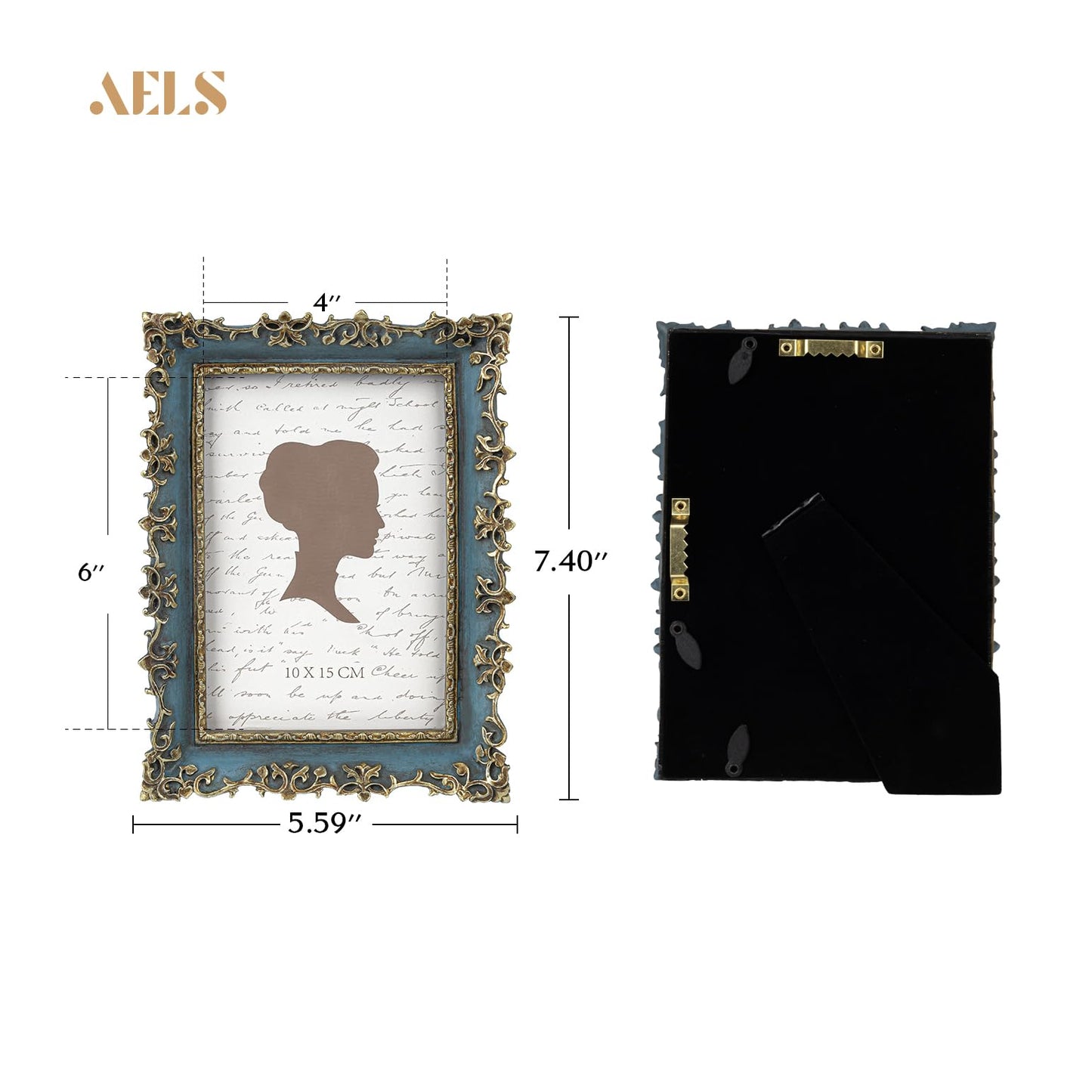 AELS 4x6 Inch Vintage Picture Frame, Elegant Antique Photo Frames with Glass Front, Photo Display, Tabletop Wall Hanging, Gift Ideas, Vine Pattern, Silver & Light Blue