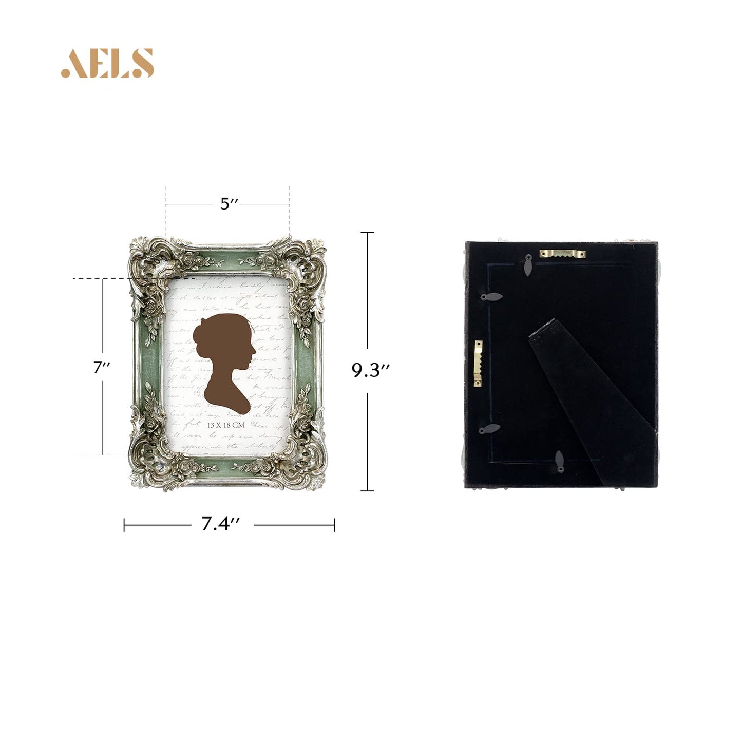AELS 5x7 Inch Vintage Picture Frame, Elegant Antique Photo Frames with Glass Front, Photo Display, Tabletop Wall Hanging, Gift Ideas, Silver and Green