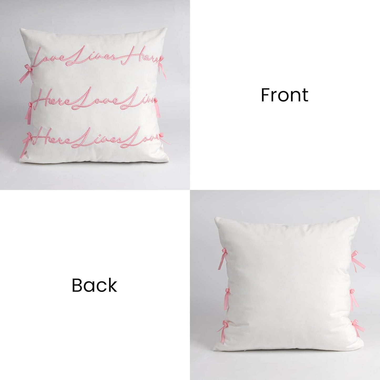 Bow Pillow Cover, Text Design Velvet Bowknot Decorative Pillow Covers for Valentine's Day, Wedding, Christmas, Living Room, Bedroom, Nursery Decor, 18x18 Inch, Love Lives Here, Pink Cream White