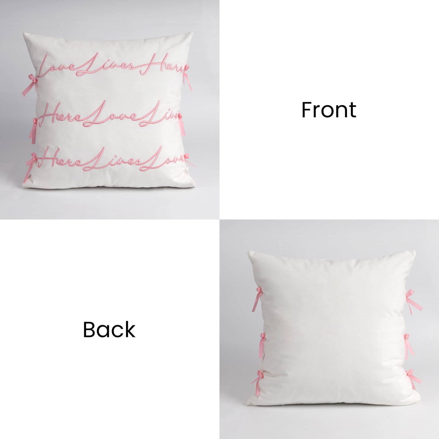 Bow Pillow Cover, Text Design Velvet Bowknot Decorative Pillow Covers for Valentine's Day, Wedding, Christmas, Living Room, Bedroom, Nursery Decor, 18x18 Inch, Love Lives Here, Pink Cream White