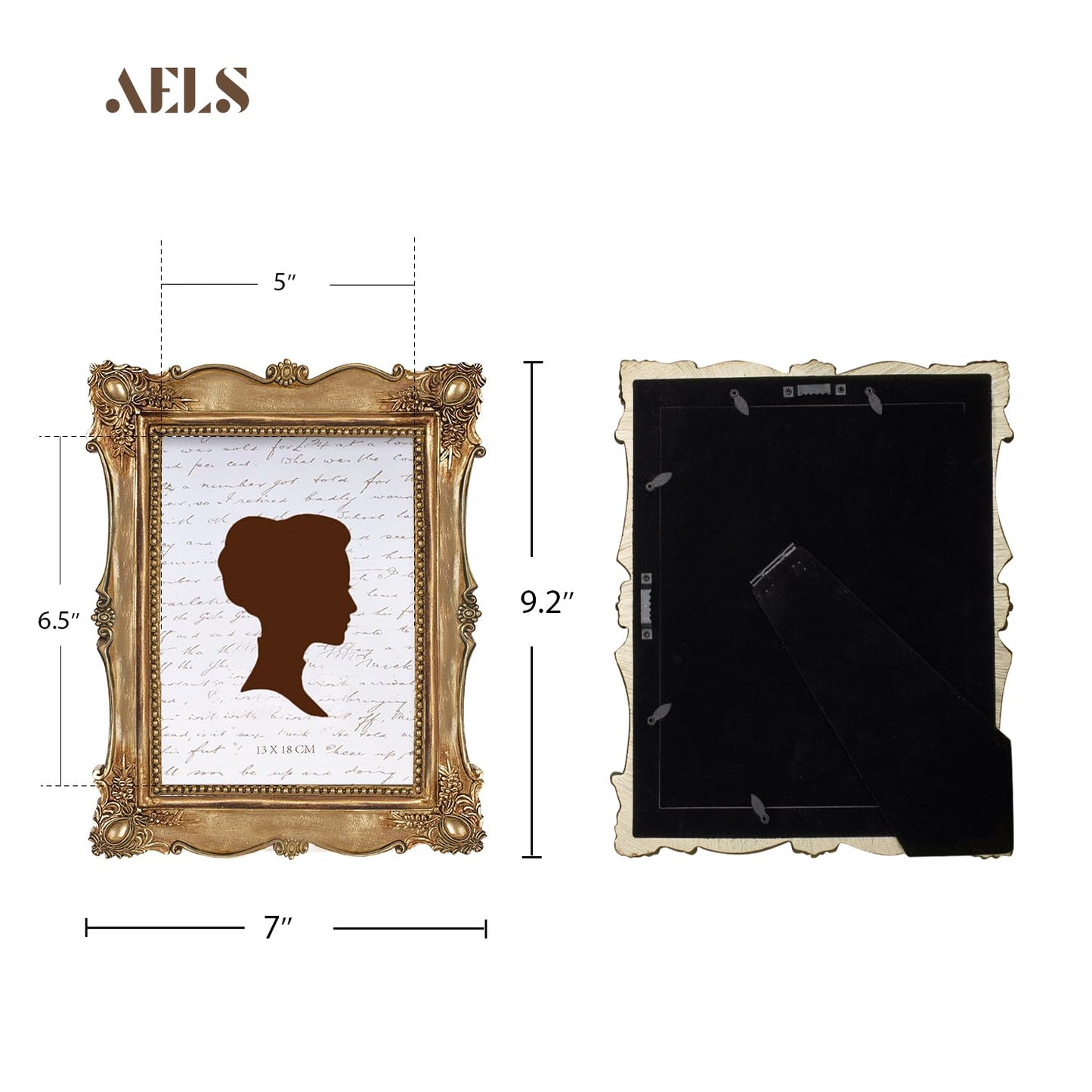AELS 5x7 Inch Vintage Picture Frame, Elegant Antique Photo Frames with Glass Front, Photo Display, Tabletop Wall Hanging, Gift Ideas, Gold and Black