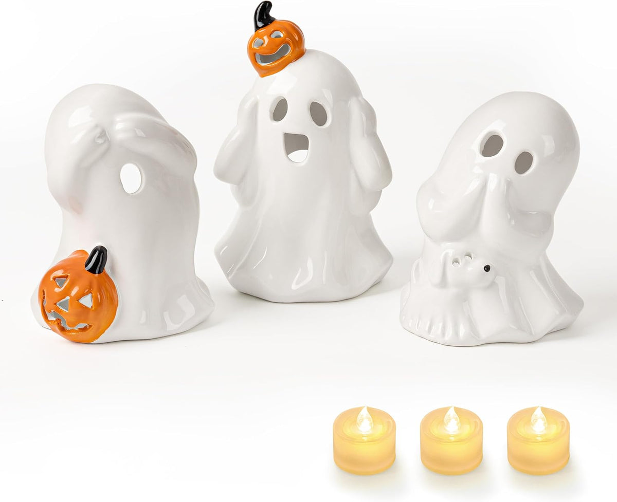AELS Ceramic Ghost Candle Holder Set of 3, Halloween Tea Light Decor