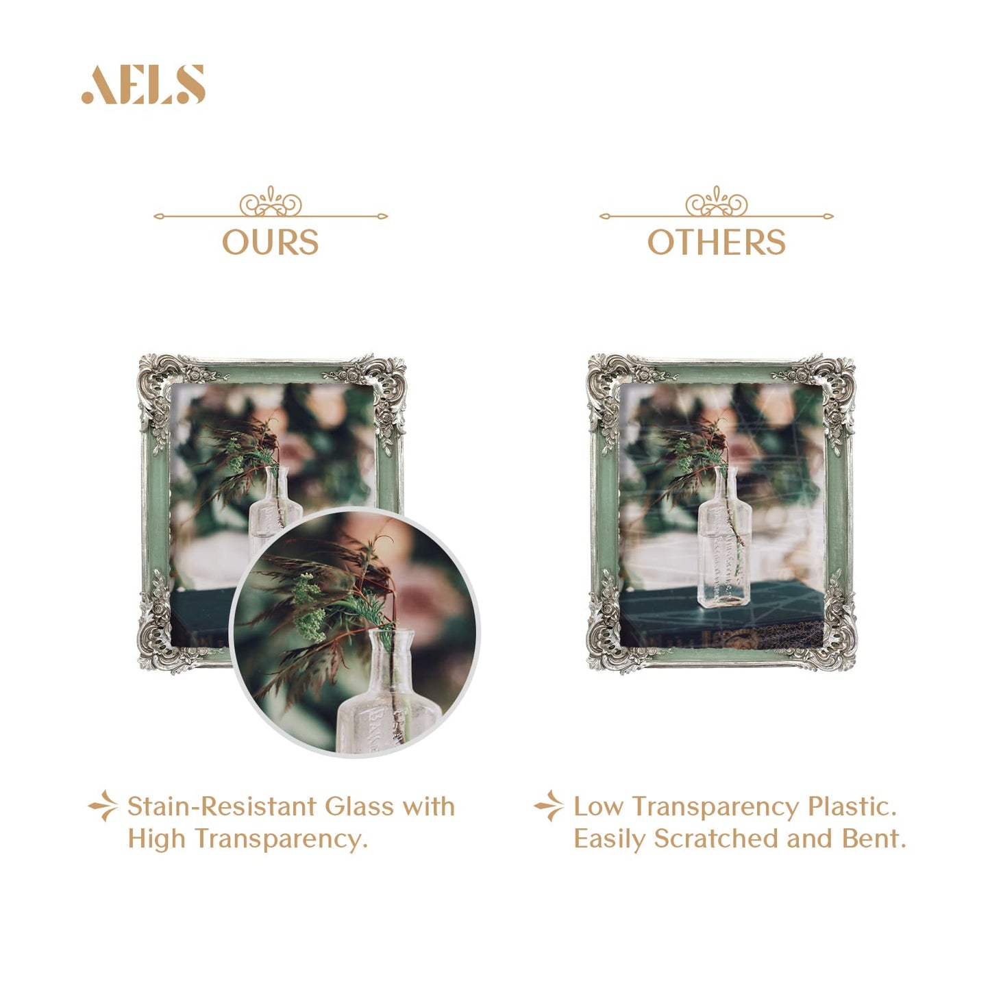 AELS 5x7 Inch Vintage Picture Frame, Elegant Antique Photo Frames with Glass Front, Photo Display, Tabletop Wall Hanging, Gift Ideas, Silver and Green