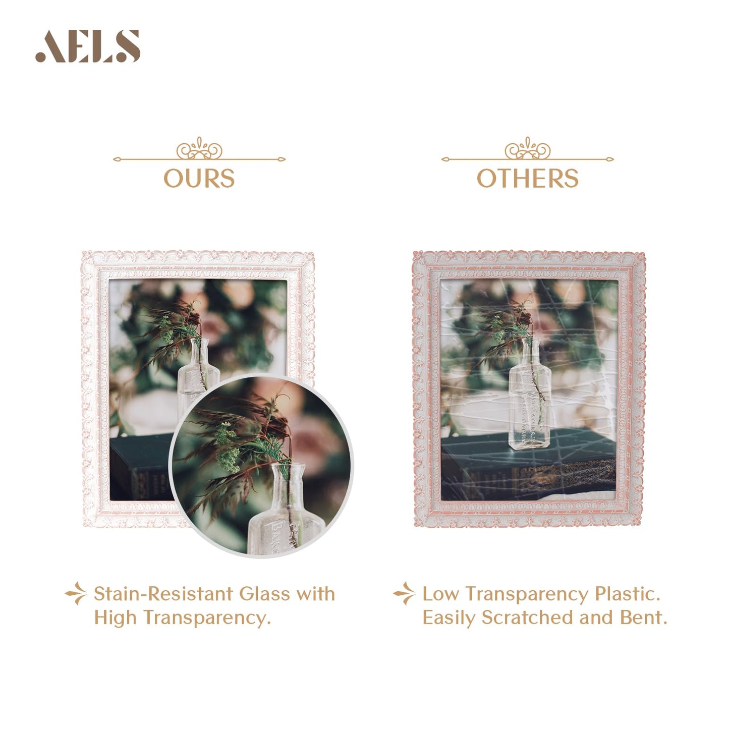 AELS 5x7 Inch Vintage Picture Frame, Elegant Antique Photo Frames with Glass Front, Photo Display, Tabletop Wall Hanging, Gift Ideas, White and Pink