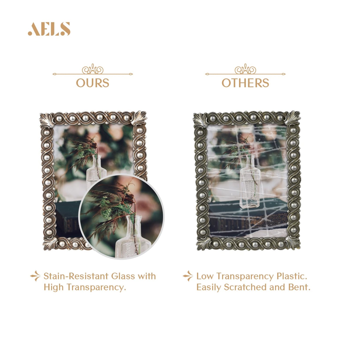 AELS 4x6 Inch Vintage Picture Frame, Elegant Luxury Antique Photo Frames with Glass Front, Photo Display, Tabletop Wall Hanging, Gift Ideas, Pearl Pattern