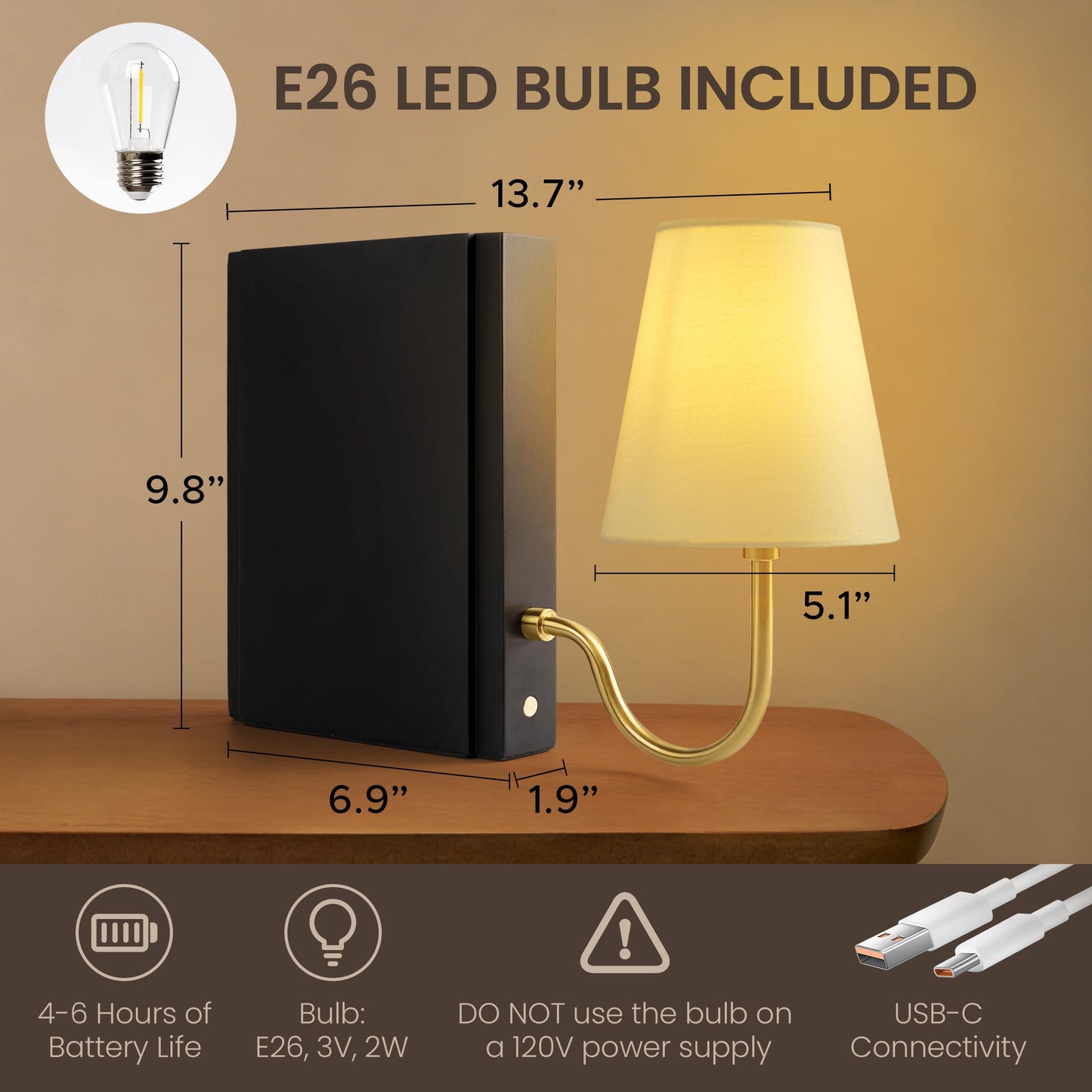 AELS Wooden Bookshelf Lamp with Bulb, Cordless Touch Dimmable Table Lamp with Linen Fabric Shade, Battery Operated, Modern Decorative Bookend, Book Sconce for Office Home Bedroom Bookshelf, Natural