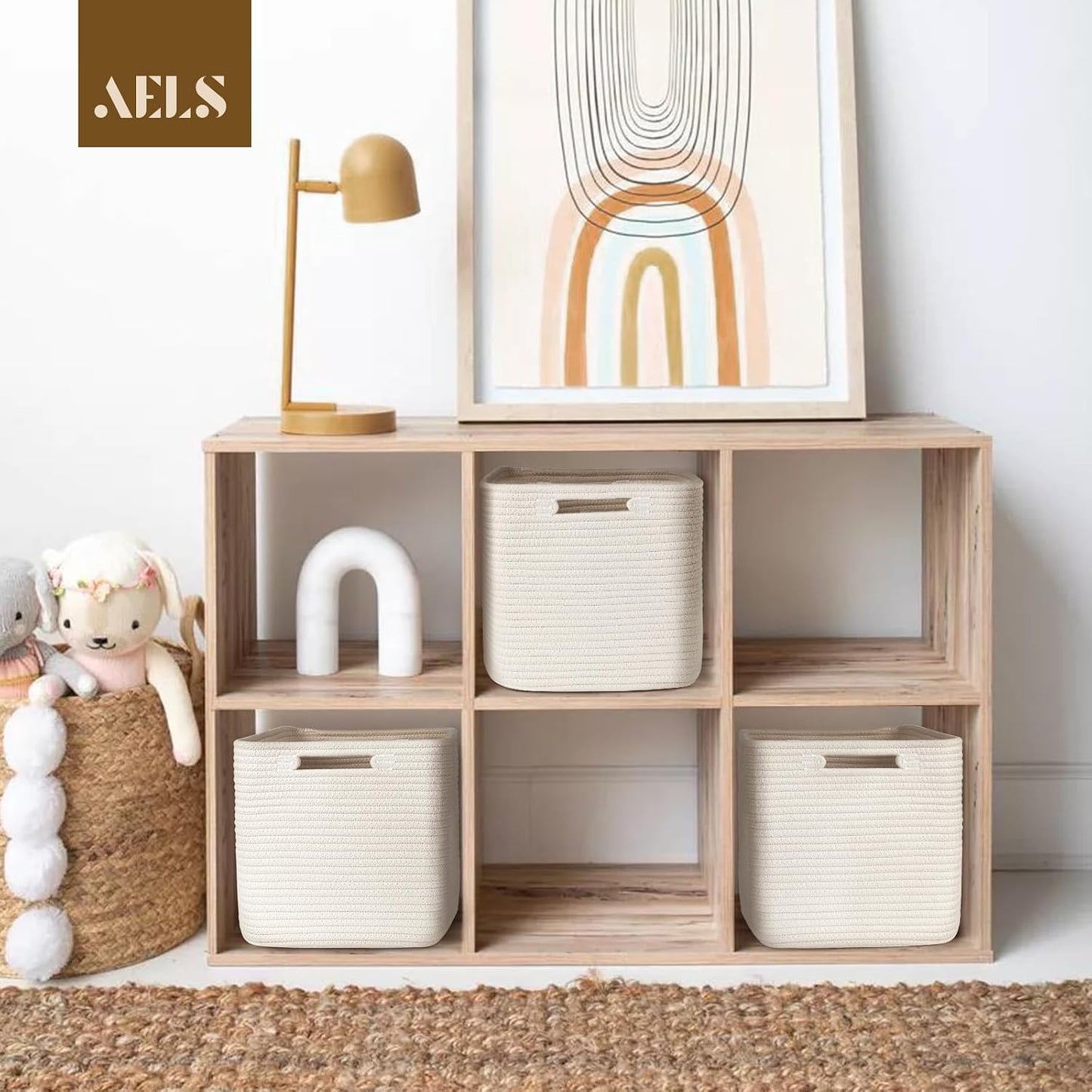 Hand Woven Cotton Basket for Storage, Cube Storage Bins with Handles, Foldable Collapsible Closet Organizers and Storage, Boho Farmhouse Storage Cubes for Shelves, Beige