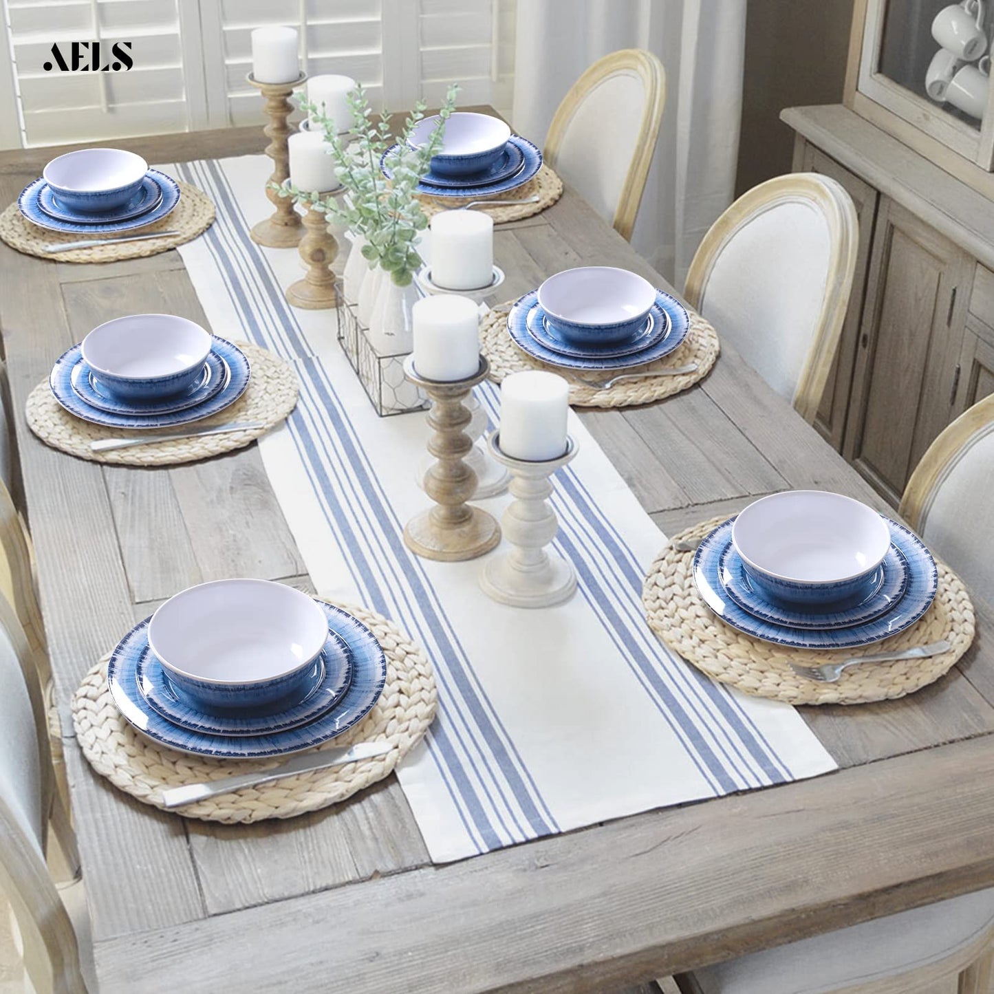 AELS Melamine Dinnerware Set of 12 Pcs Dinner Dishes Set for Indoor and Outdoor Use, Dishwasher Safe, Lightweight Unbreakable, BPA Free, Light Blue