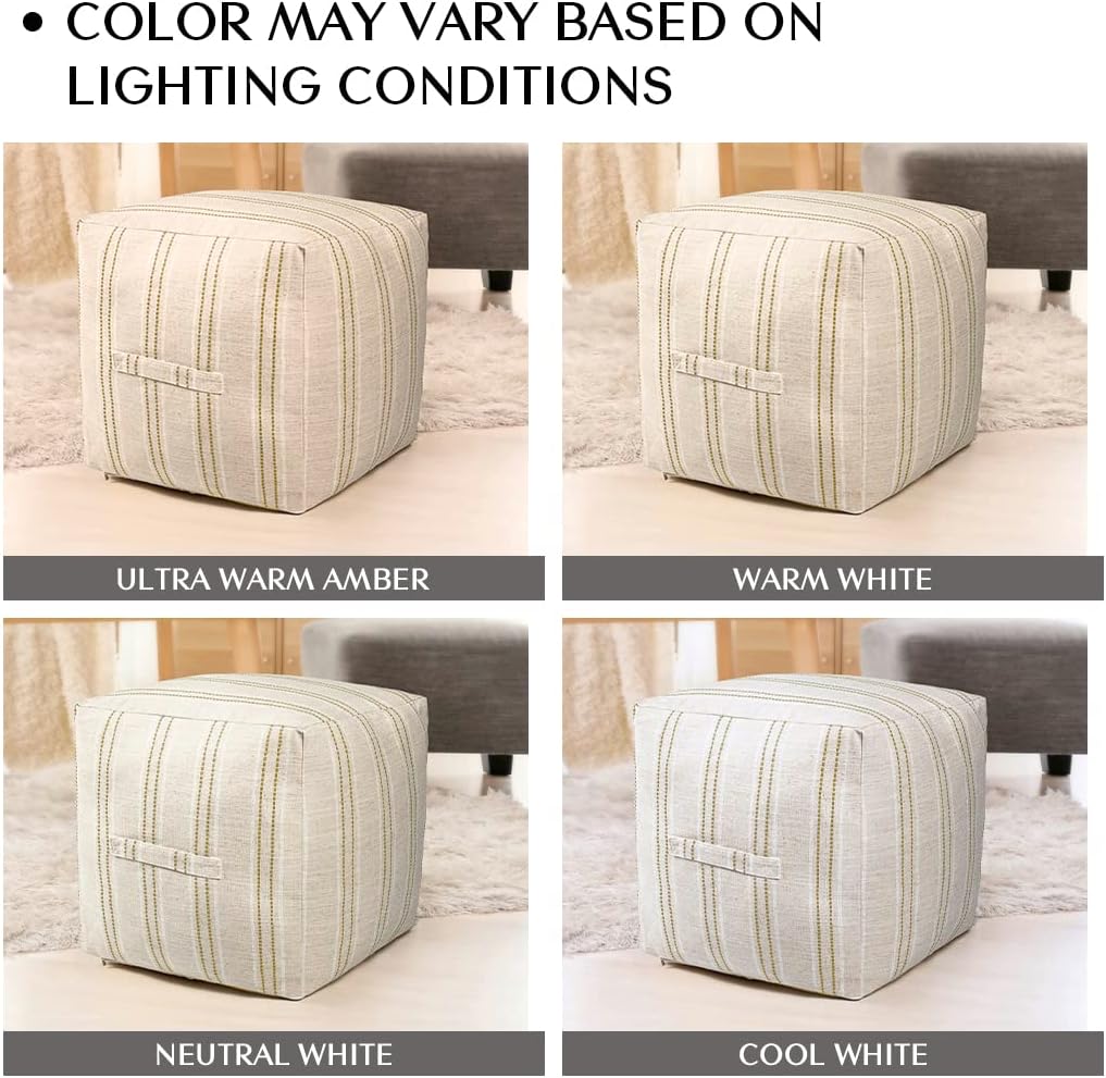 Unstuffed Farmhouse Pouf Cover for Living Room, Boho Storage Bean Bag Cubes, Beige with Brown Stitch Yarn Dyed Stripe Square Ottoman Pouf Foot Rest Footstool, 18"x18"x18", Cover ONLY