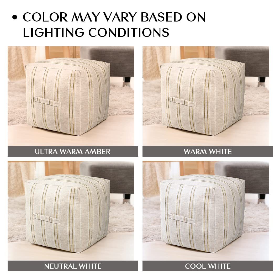 AELS Unstuffed Farmhouse Pouf Cover for Living Room, Boho Storage Bean Bag Cubes, Beige with Brown Stitch Yarn Dyed Stripe Square Ottoman Pouf Foot Rest Footstool, 18"x18"x18", Cover ONLY
