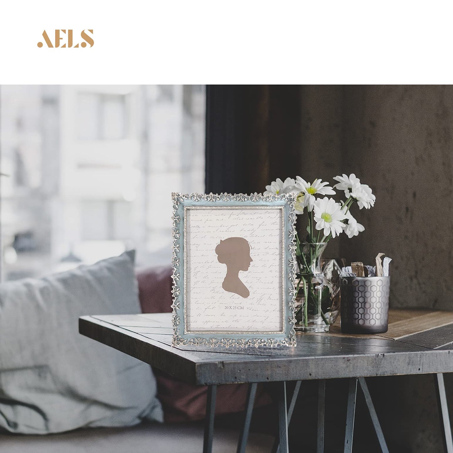 AELS 4x6 Inch Vintage Picture Frame, Elegant Antique Photo Frames with Glass Front, Photo Display, Tabletop Wall Hanging, Gift Ideas, Vine Pattern, Silver & Light Blue