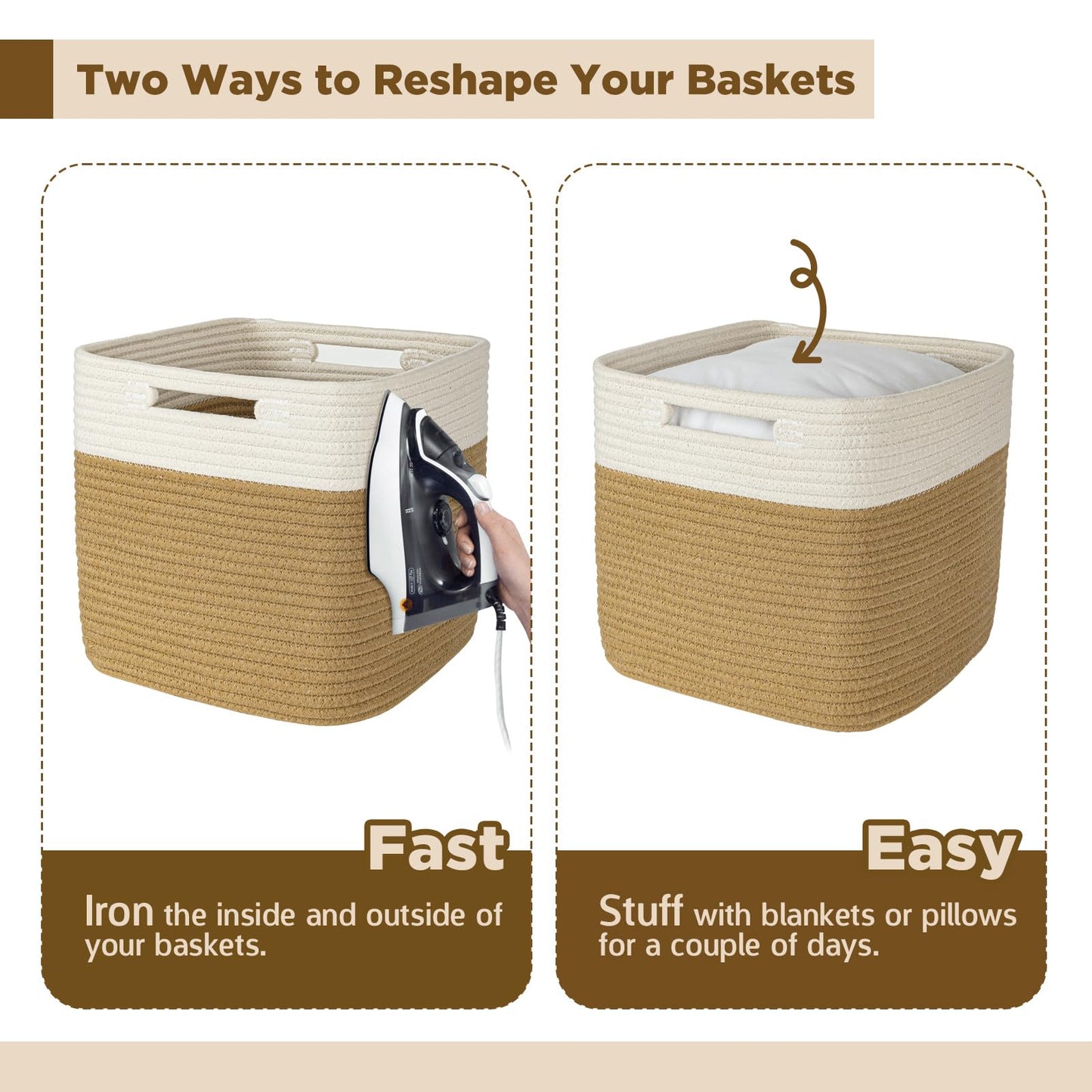 Hand Woven Cotton Basket for Storage, Cube Storage Bins with Handles, Foldable Collapsible Closet Organizers and Storage, Boho Farmhouse Storage Cubes for Shelves, Beige