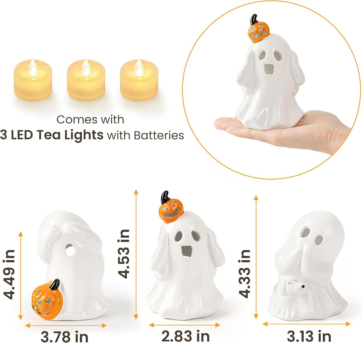 AELS Ceramic Ghost Candle Holder Set of 3, Halloween Tea Light Decor