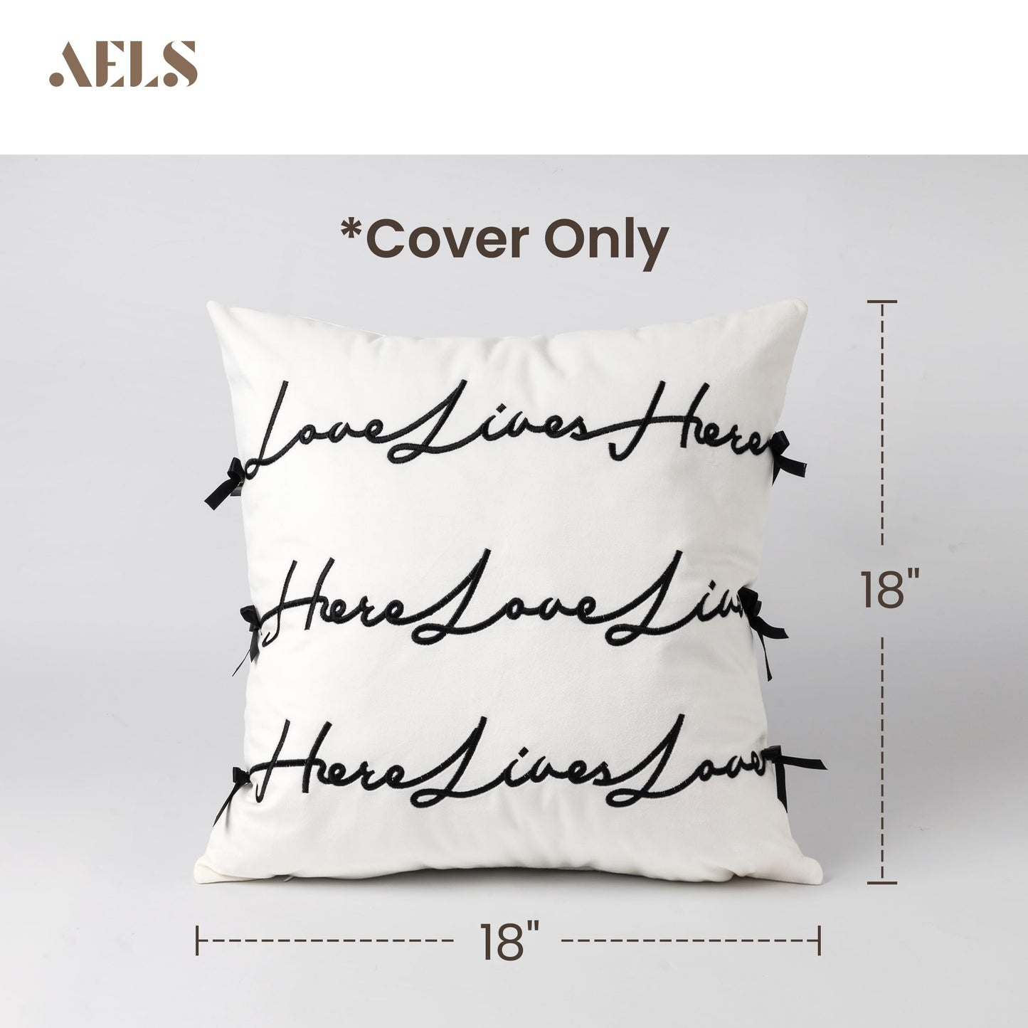 Bow Pillow Cover, Text Design Velvet Bowknot Decorative Pillow Covers for Valentine's Day, Wedding, Christmas, Living Room, Bedroom, Nursery Decor, 18x18 Inch, Love Lives Here, Pink Cream White