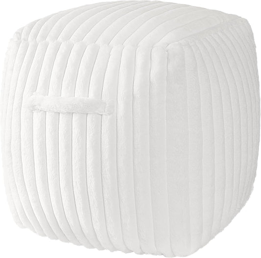 Unstuffed Modern Pouf Cover for Living Room, Mid Century Modern Storage Bean Bag Cubes, Creamy White Faux Fur Plush Sripe Square Ottoman Pouf Foot Rest Footstool, 18"x18"x18", Cover ONLY