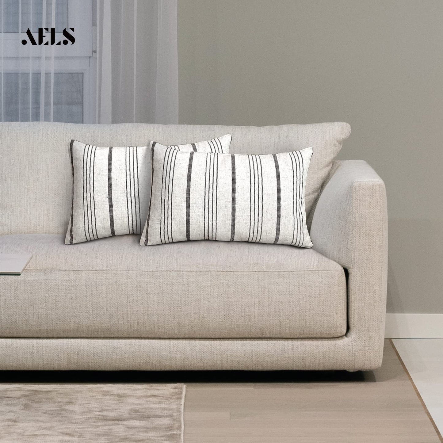 AELS 12x20 Decorative Farmhouse Throw Lumbar Pillow Covers, Modern Rectangle Pillow Case Cover, Set of 2 Light Brown Stripes Textured Linen Cushion Cover for Sofa Couch Bedroom Living Room(Cover ONLY)