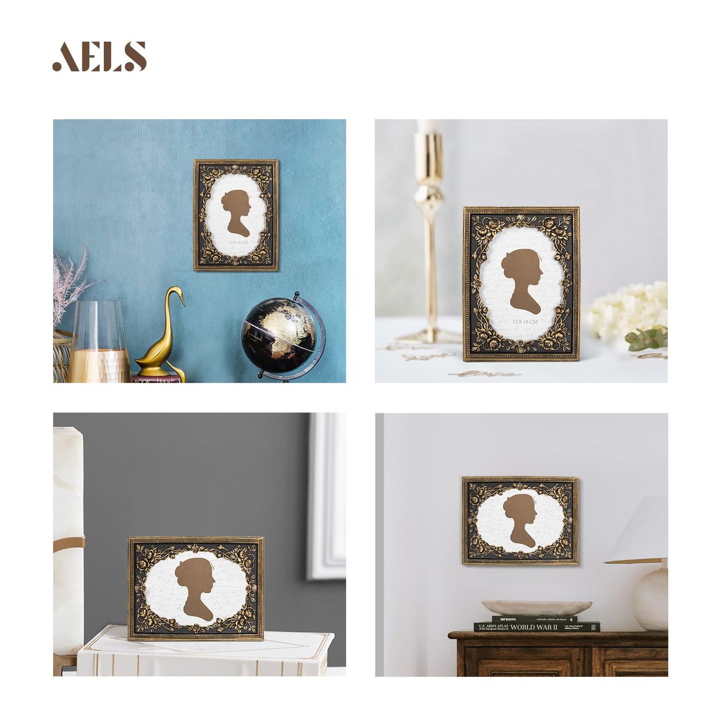 AELS 4x6 Inch Vintage Black Picture Frame, Elegant Antique Photo Frames with Glass Front, Photo Display, Tabletop Wall Hanging, Gift Ideas, Gold and Black